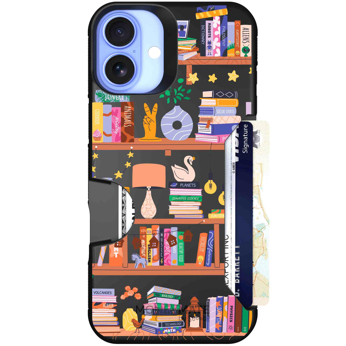 Little Library colorful book and bookshelf pattern on a scoochzza Moneymate case for iPhone 16 Plus