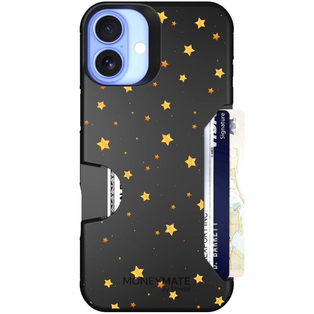 Gold Stars yellow and gold star pattern on a charcoal scoochzza Moneymate case for iPhone 16 Plus