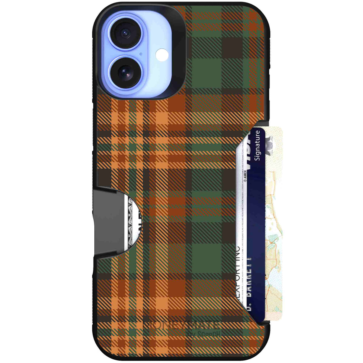 Fall Flannel orange and brown plaid pattern on a scoochzza Moneymate case for iPhone 16 Plus