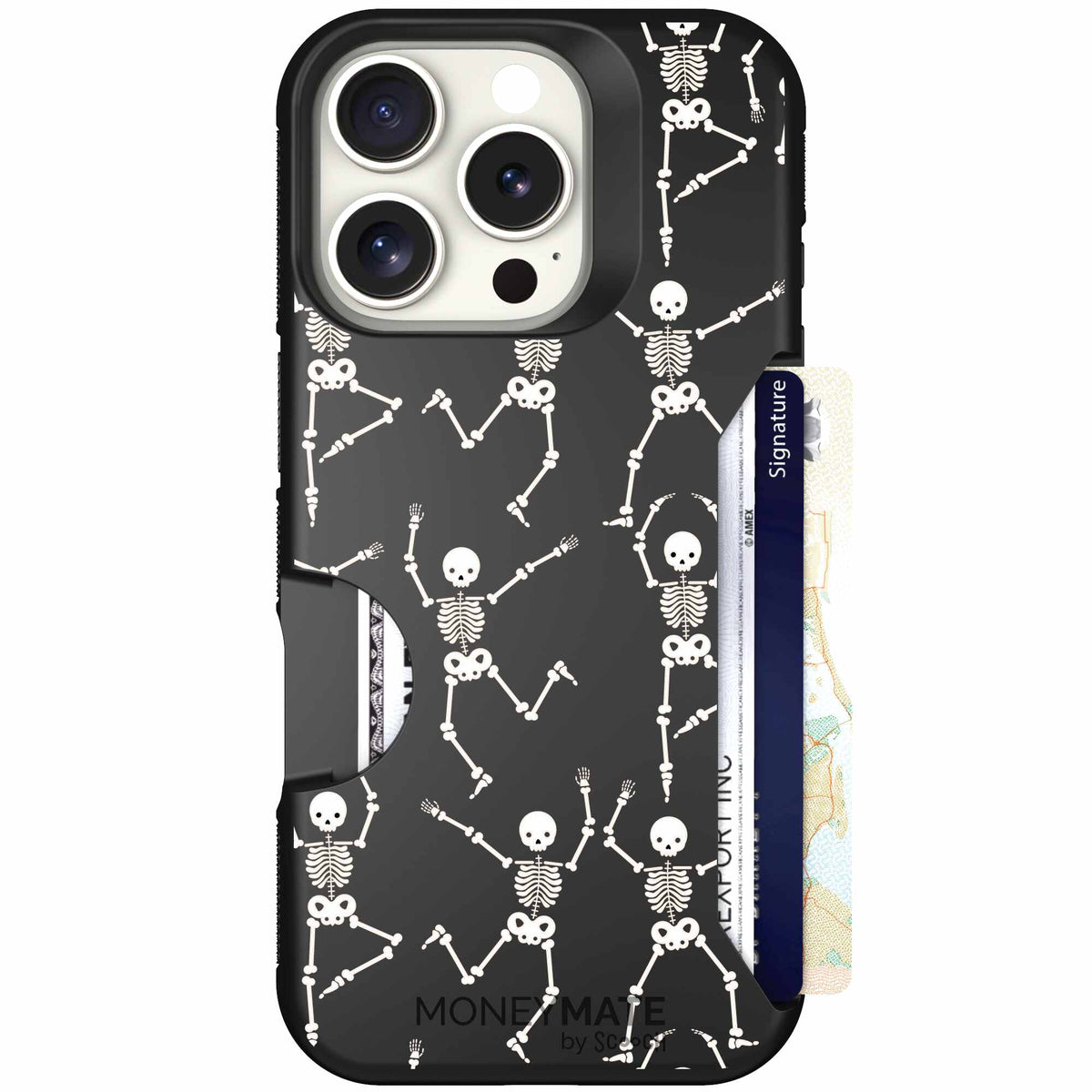 Swinging Skeletons white dancing skeleton pattern on a black scoochzza Moneymate case for iPhone 16 Pro