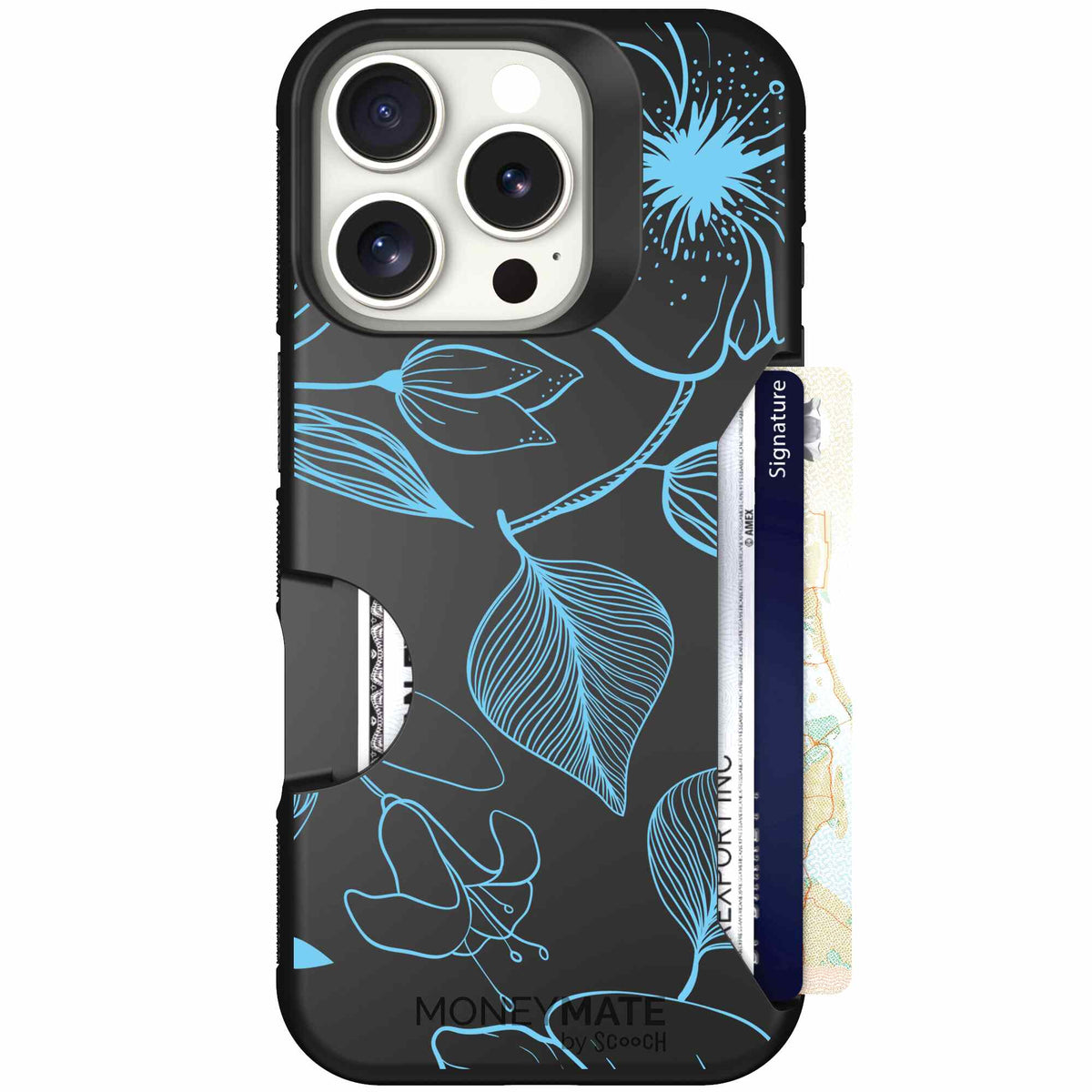 Blue Hibiscus cyan-blue tropical flower pattern on a charcoal scoochzza Moneymate case for iPhone 16 Pro