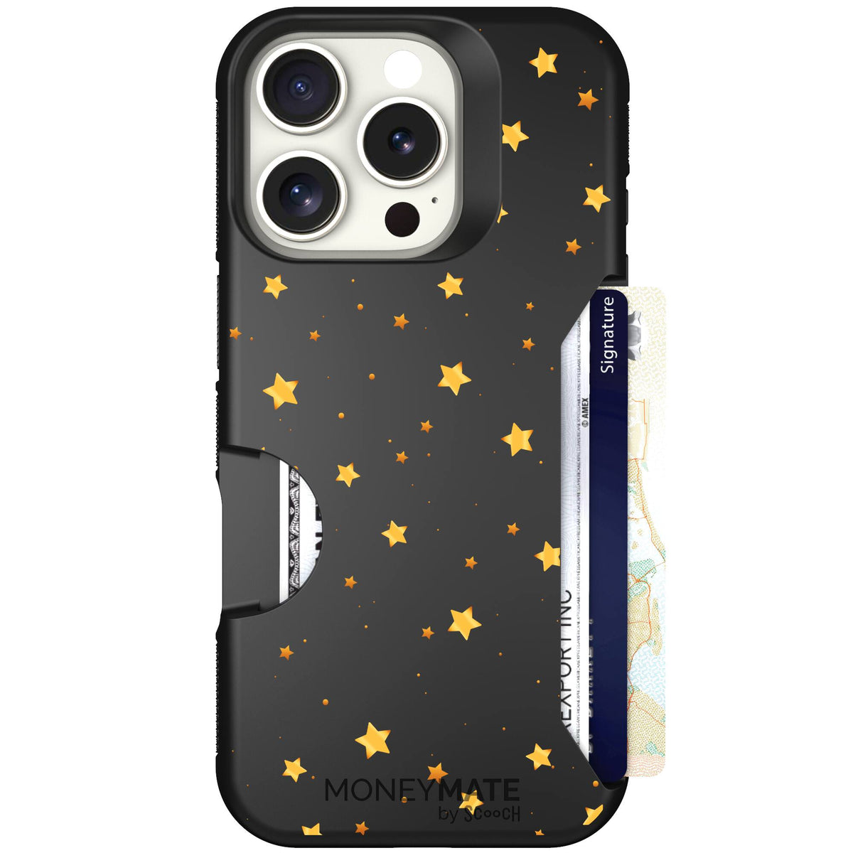 Gold Stars yellow and gold star pattern on a charcoal scoochzza Moneymate case for iPhone 16 Pro