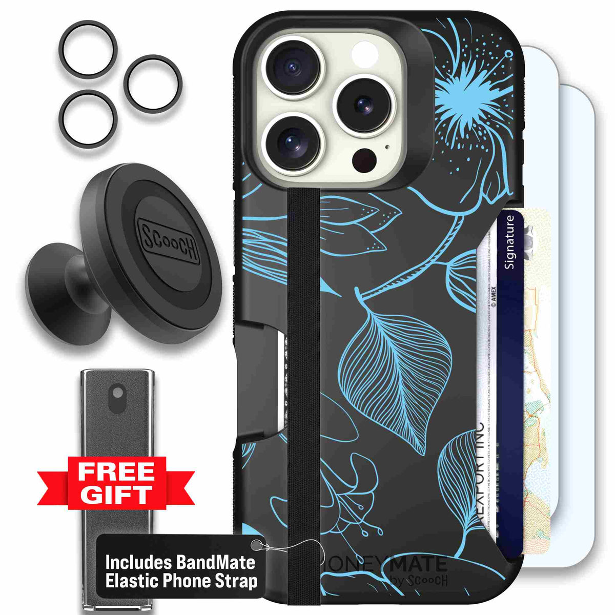 Blue Hibiscus cyan-blue tropical flower pattern on a charcoal scoochzza Moneymate case for iPhone 16 Pro - Defender Bundle