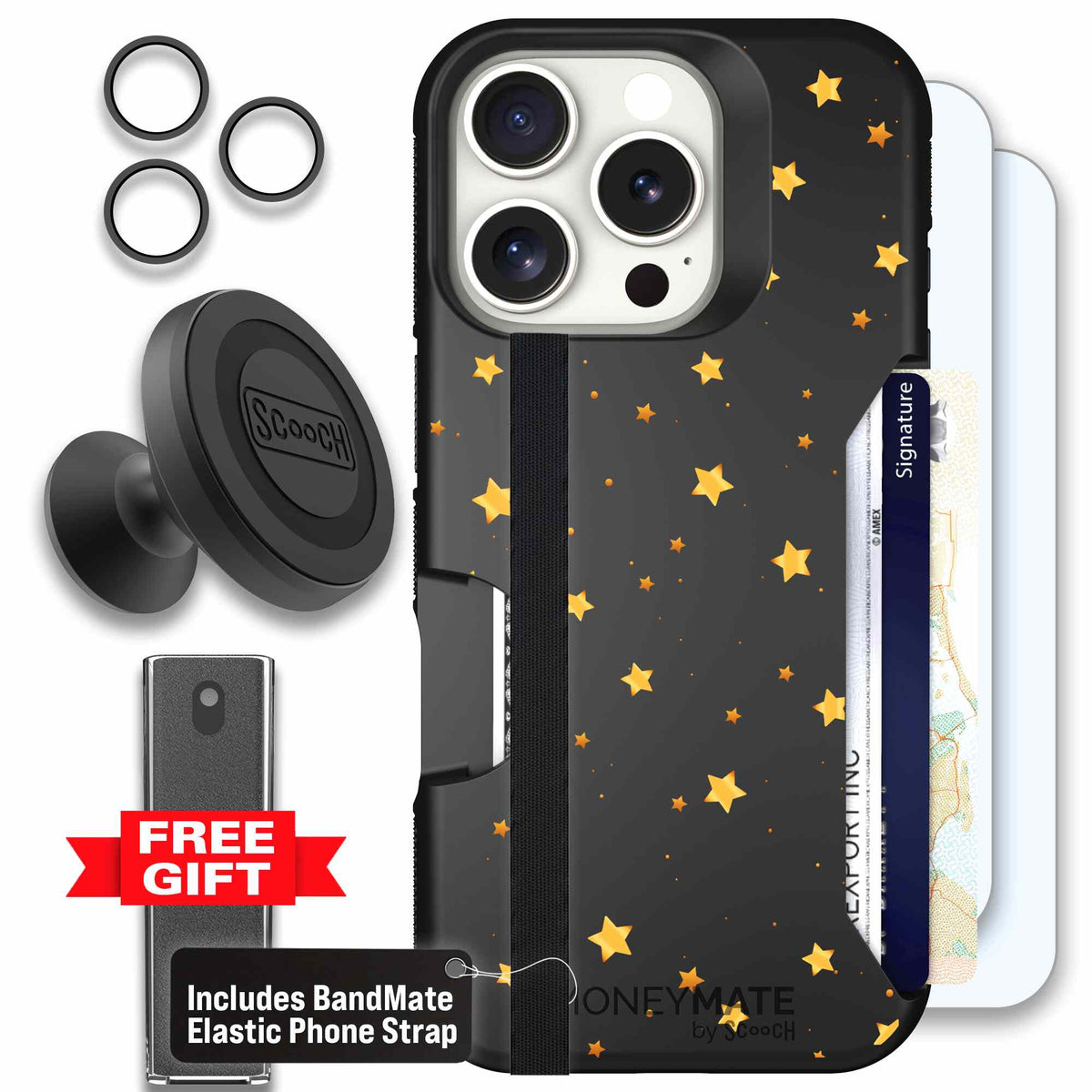 Gold Stars yellow and gold star pattern on a charcoal scoochzza Moneymate case for iPhone 16 Pro - Defender Bundle