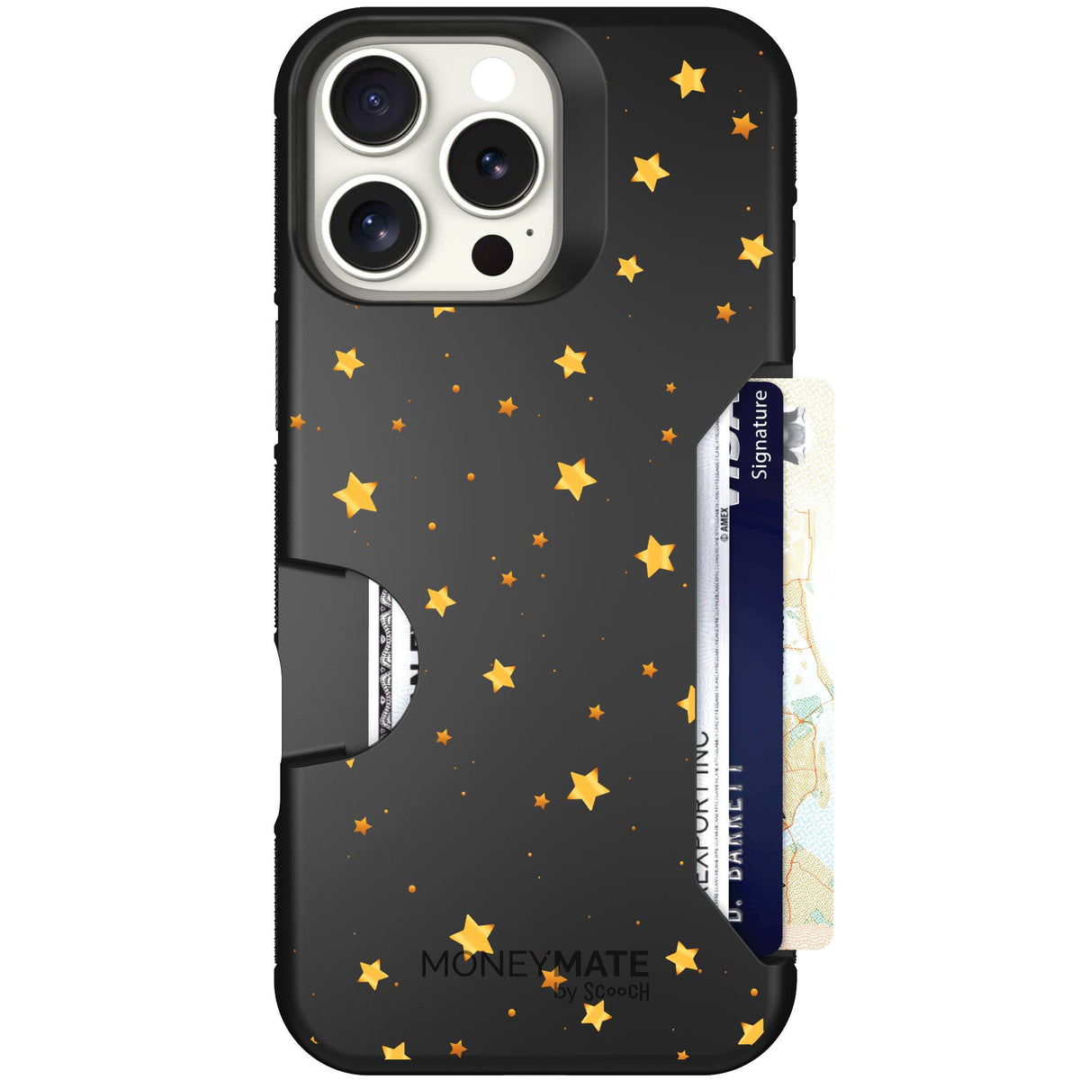 Gold Stars yellow and gold star pattern on a charcoal scoochzza Moneymate case for iPhone 16 Pro Max