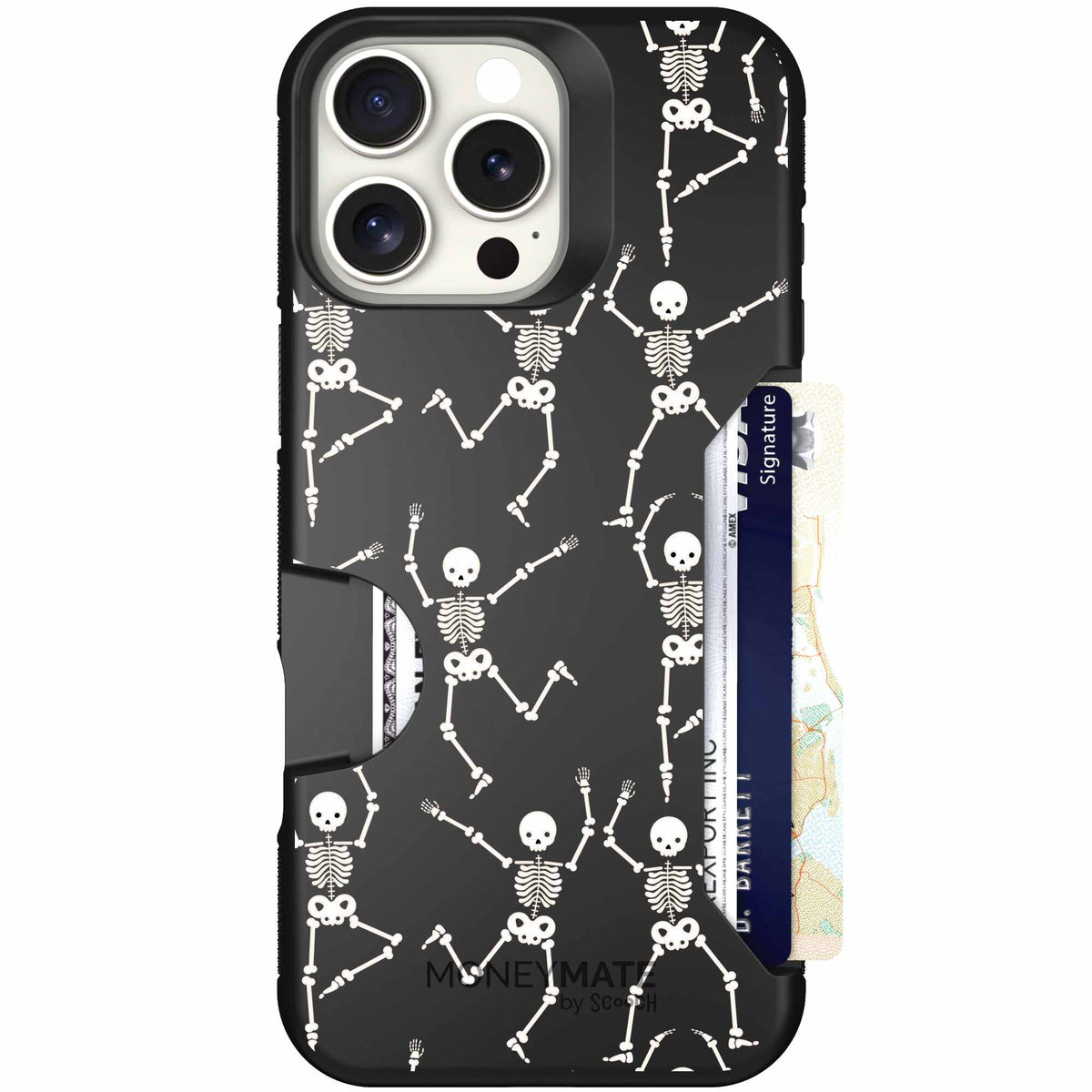 Swinging Skeletons white dancing skeleton pattern on a black scoochzza Moneymate case for iPhone 16 Pro Max