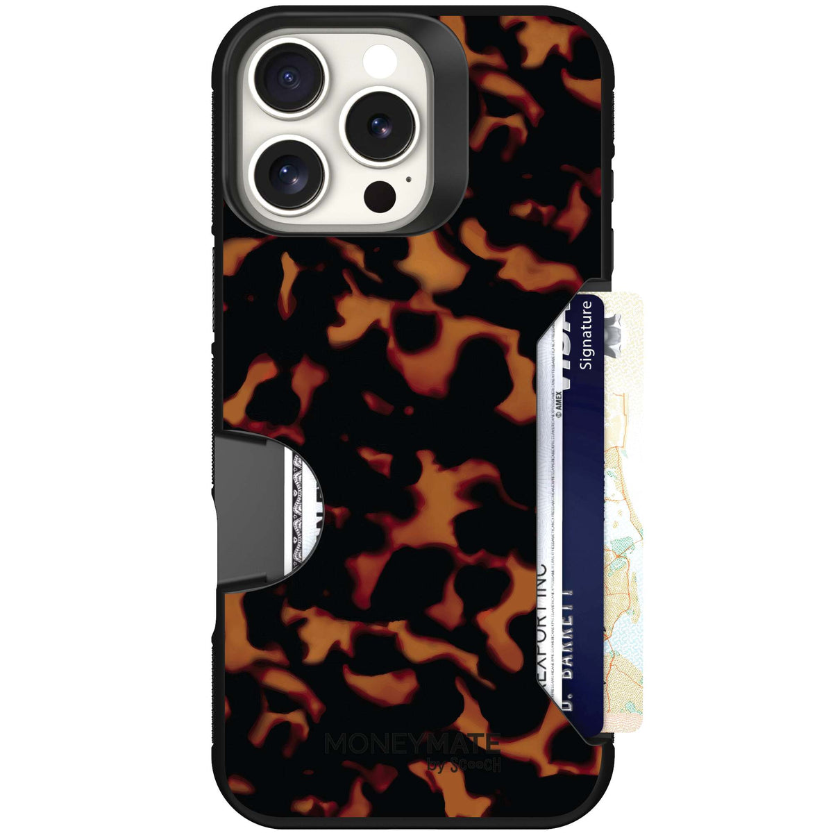 Tortoise Shell amber brown and black mottled pattern on a scoochzza Moneymate case for iPhone 16 Pro Max