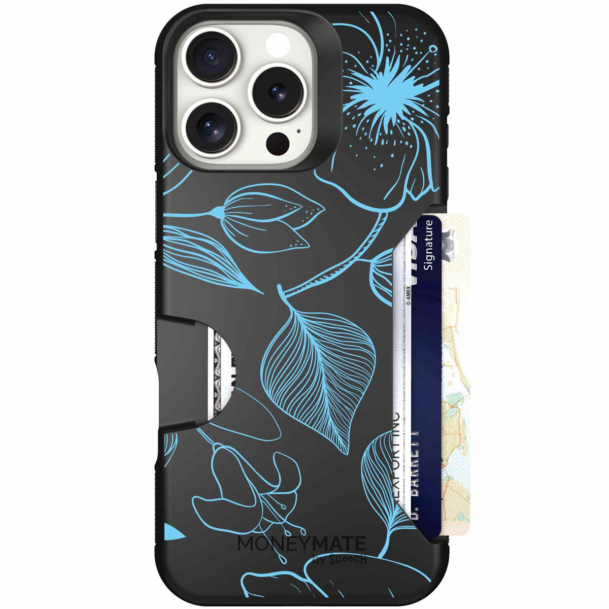 Blue Hibiscus cyan-blue tropical flower pattern on a charcoal scoochzza Moneymate case for iPhone 16 Pro Max