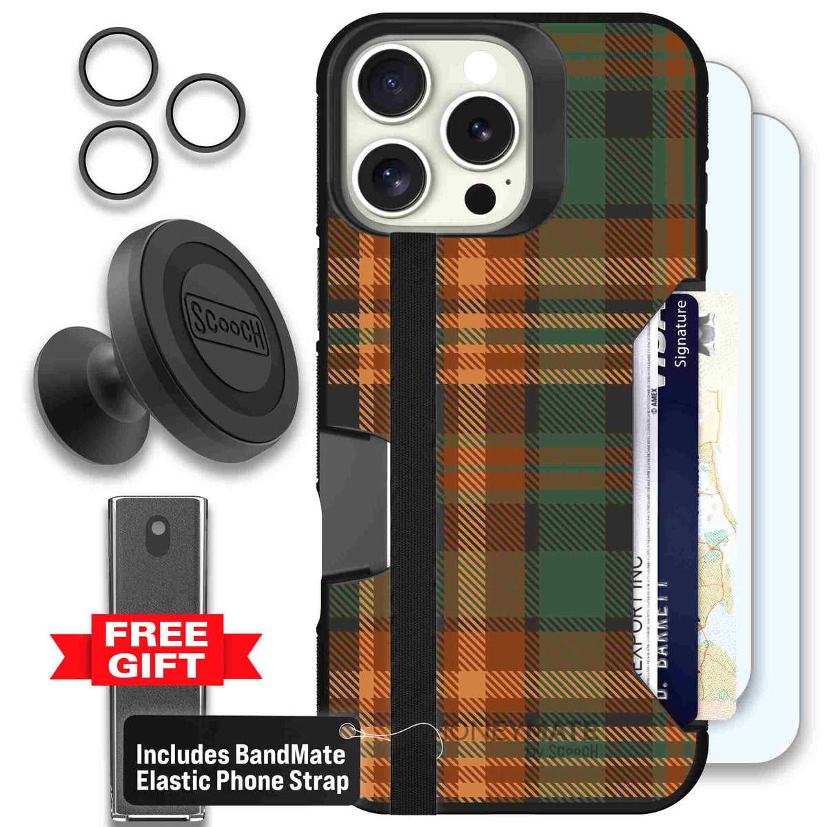 Fall Flannel orange and brown plaid pattern on a scoochzza Moneymate case for iPhone 16 Pro Max - Defender Bundle