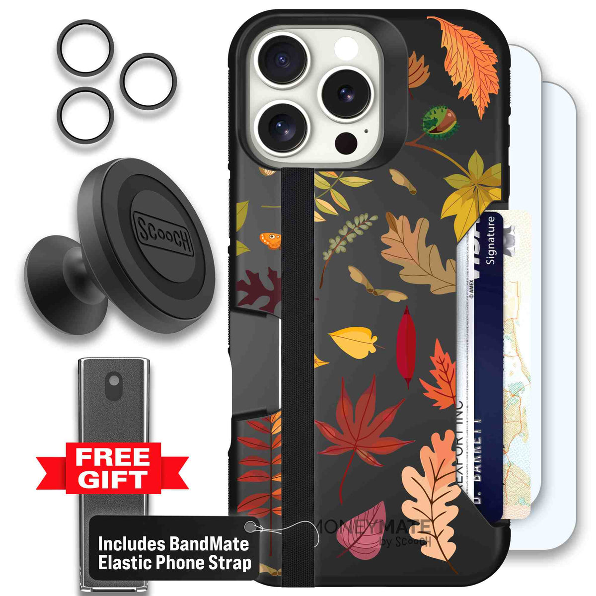 Autumn Leaves multicolored fall foliage pattern on a charcoal scoochzza Moneymate case for iPhone 16 Pro Max - Defender Bundle