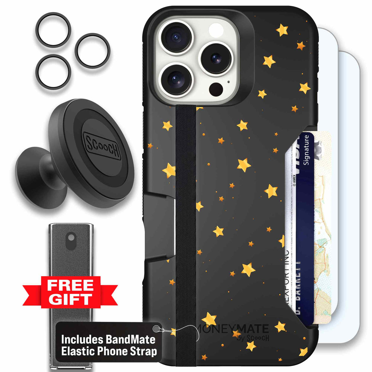 Gold Stars yellow and gold star pattern on a charcoal scoochzza Moneymate case for iPhone 16 Pro Max - Defender Bundle