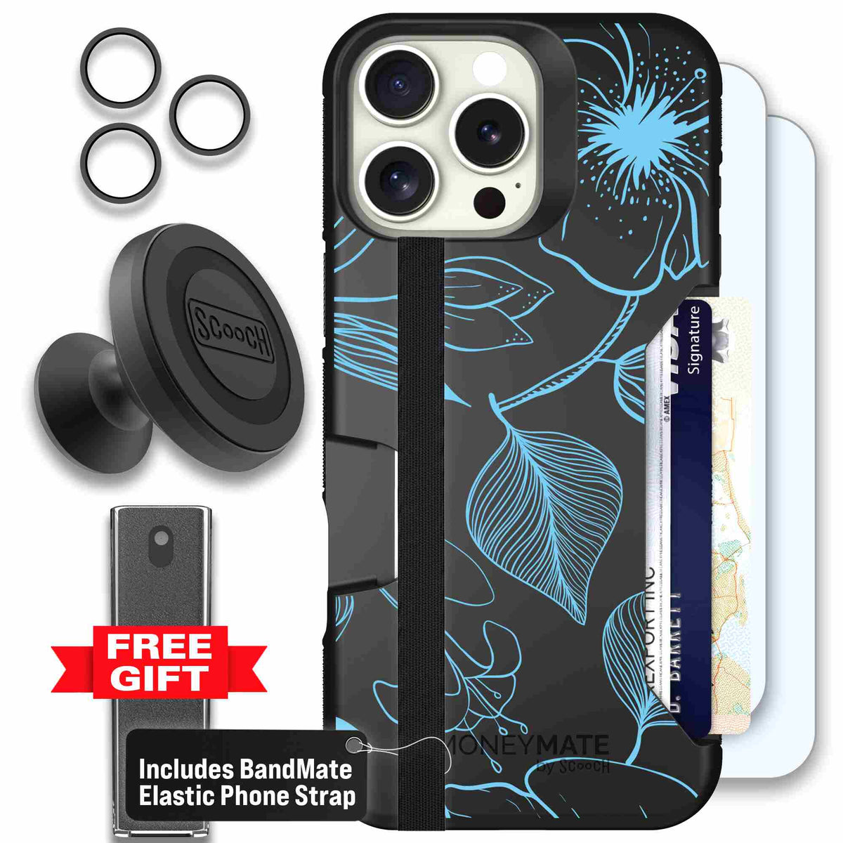 Blue Hibiscus cyan-blue tropical flower pattern on a charcoal scoochzza Moneymate case for iPhone 16 Pro Max - Defender Bundle