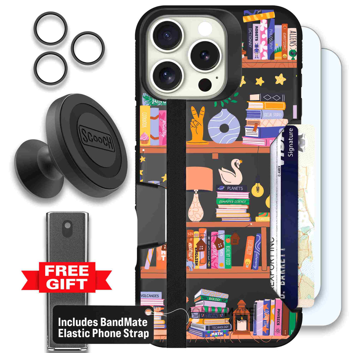 Little Library colorful book and bookshelf pattern on a scoochzza Moneymate case for iPhone 16 Pro Max - Defender Bundle