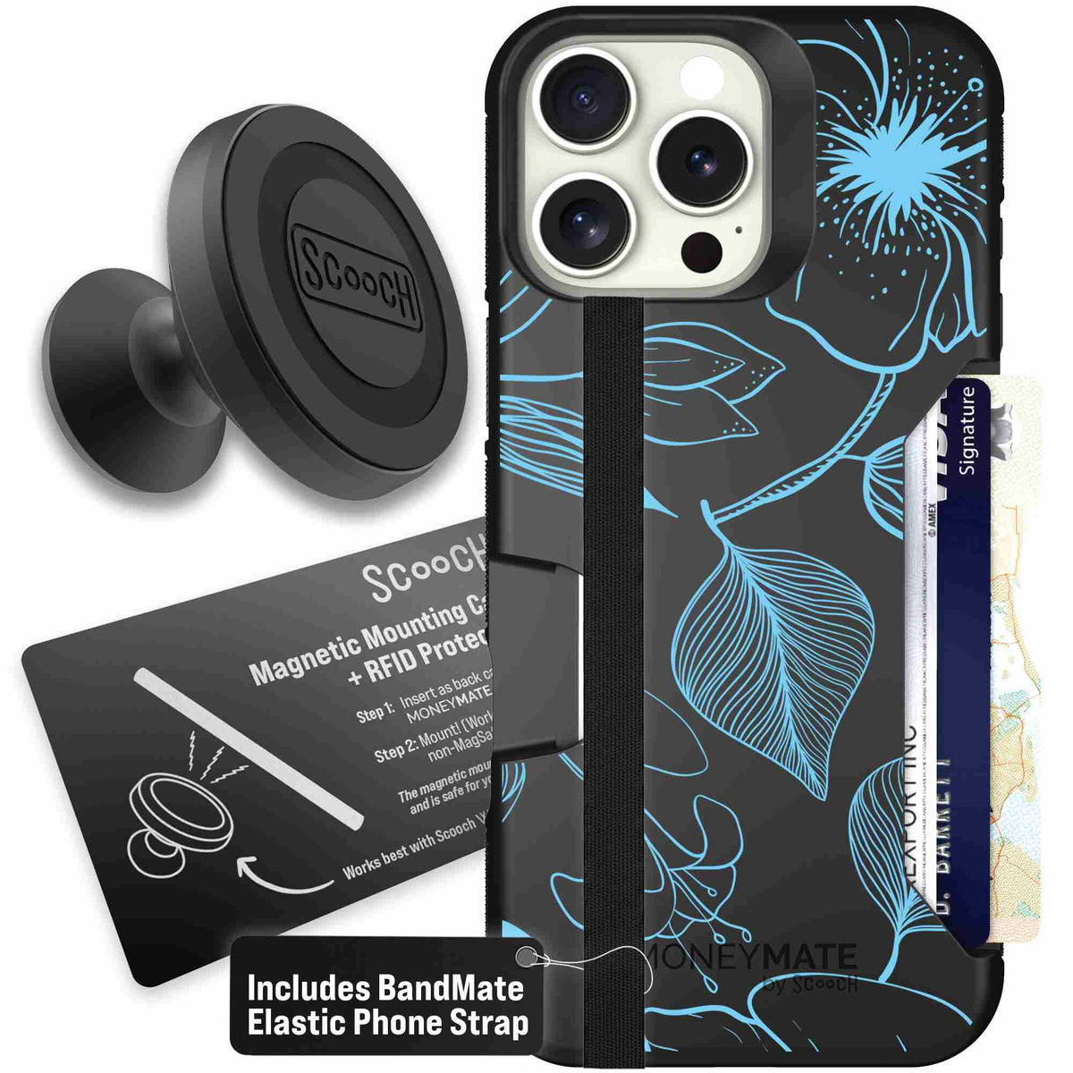Blue Hibiscus cyan-blue tropical flower pattern on a charcoal scoochzza Moneymate case for iPhone 16 Pro Max - Starter Bundle