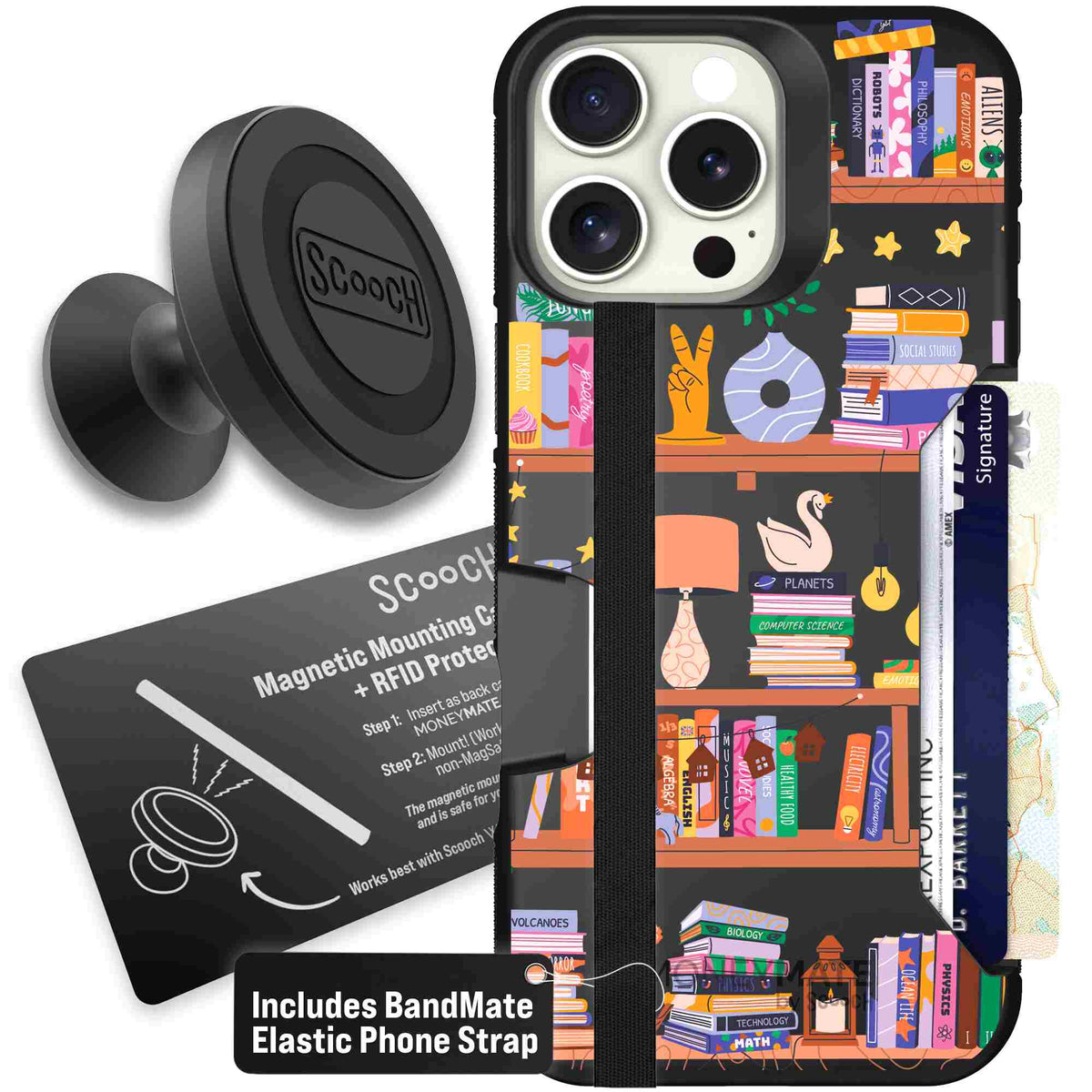 Little Library colorful book and bookshelf pattern on a scoochzza Moneymate case for iPhone 16 Pro Max - Starter Bundle