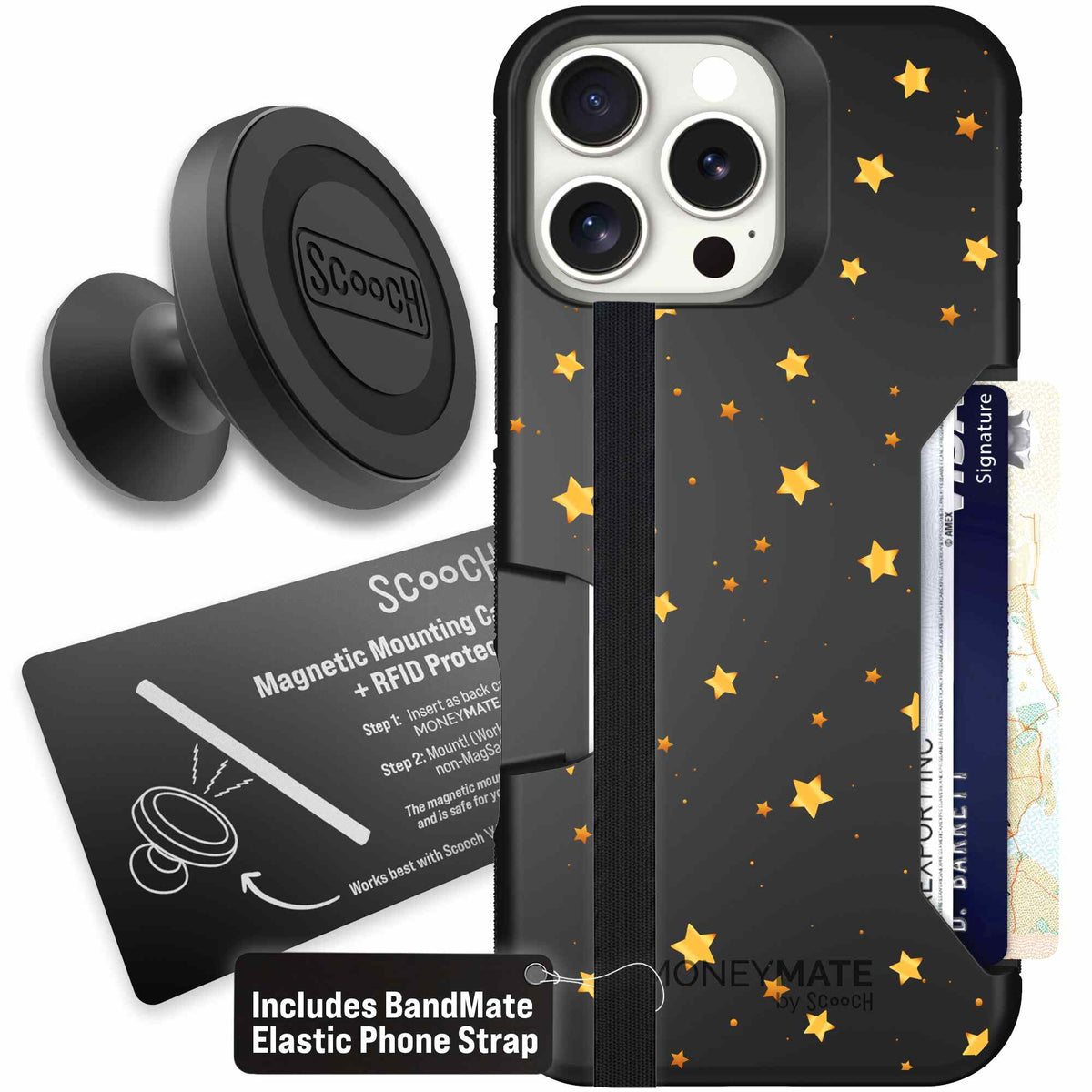 Gold Stars yellow and gold star pattern on a charcoal scoochzza Moneymate case for iPhone 16 Pro Max - Starter Bundle