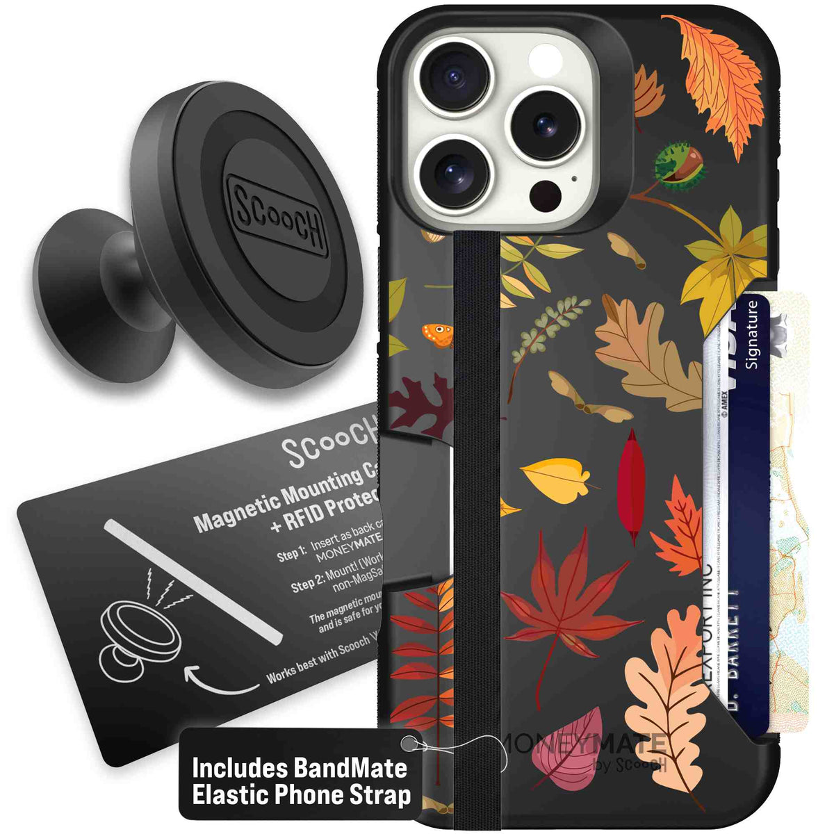 Autumn Leaves multicolored fall foliage pattern on a charcoal scoochzza Moneymate case for iPhone 16 Pro Max - Starter Bundle