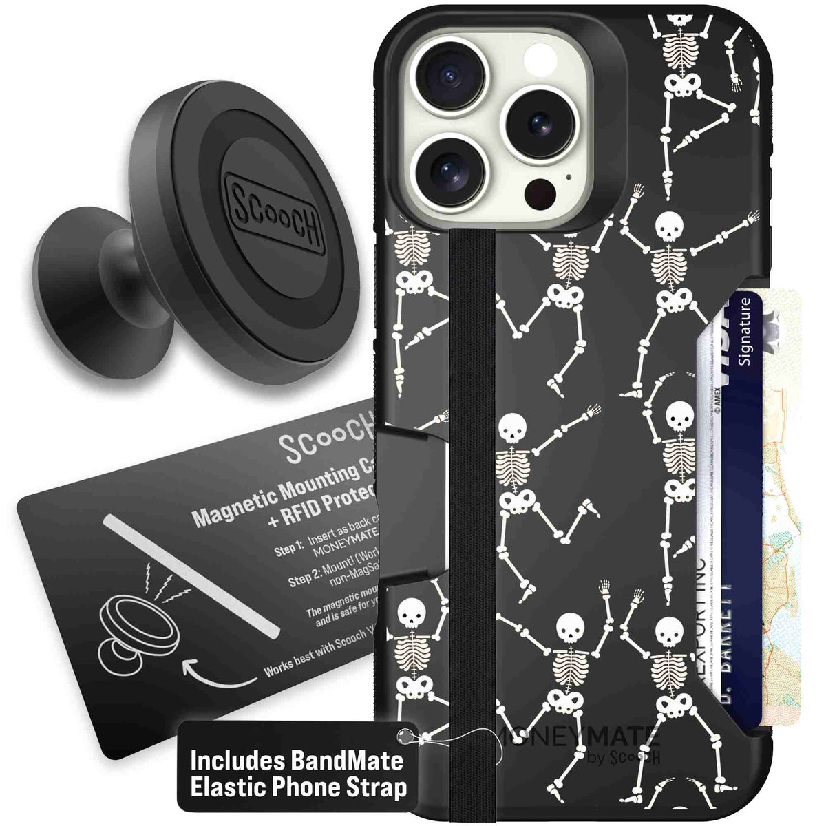 Swinging Skeletons white dancing skeleton pattern on a black scoochzza Moneymate case for iPhone 16 Pro Max - Starter Bundle