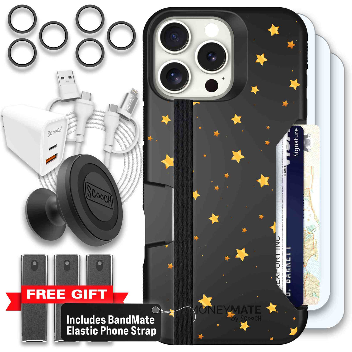 Gold Stars yellow and gold star pattern on a charcoal scoochzza Moneymate case for iPhone 16 Pro Max - Ultimate Bundle