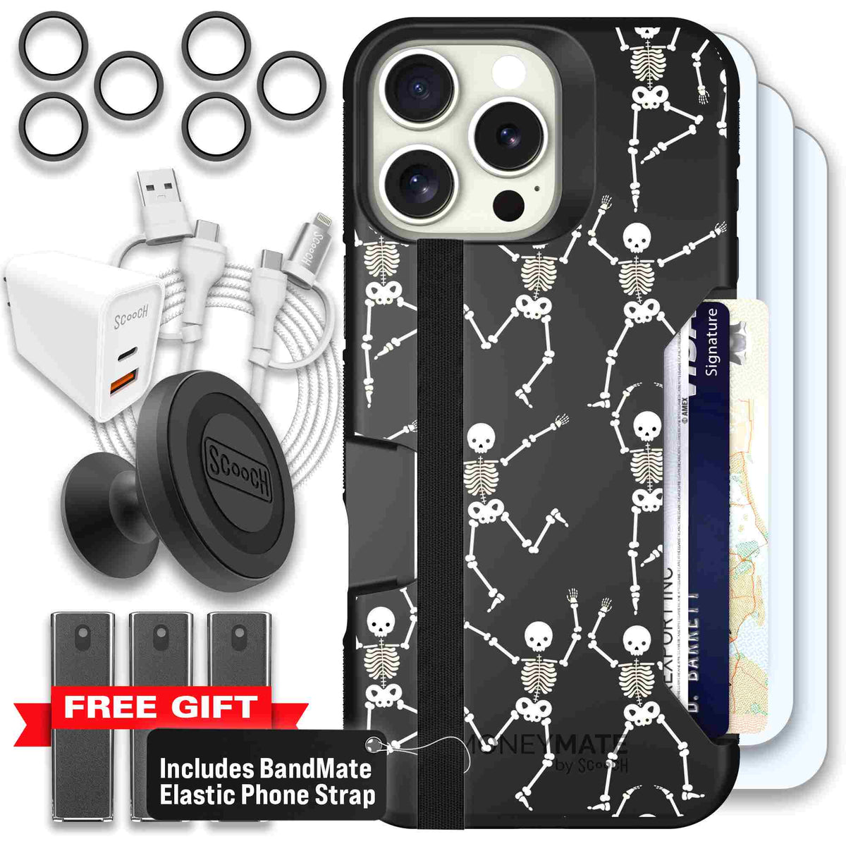 Swinging Skeletons white dancing skeleton pattern on a black scoochzza Moneymate case for iPhone 16 Pro Max - Ultimate Bundle