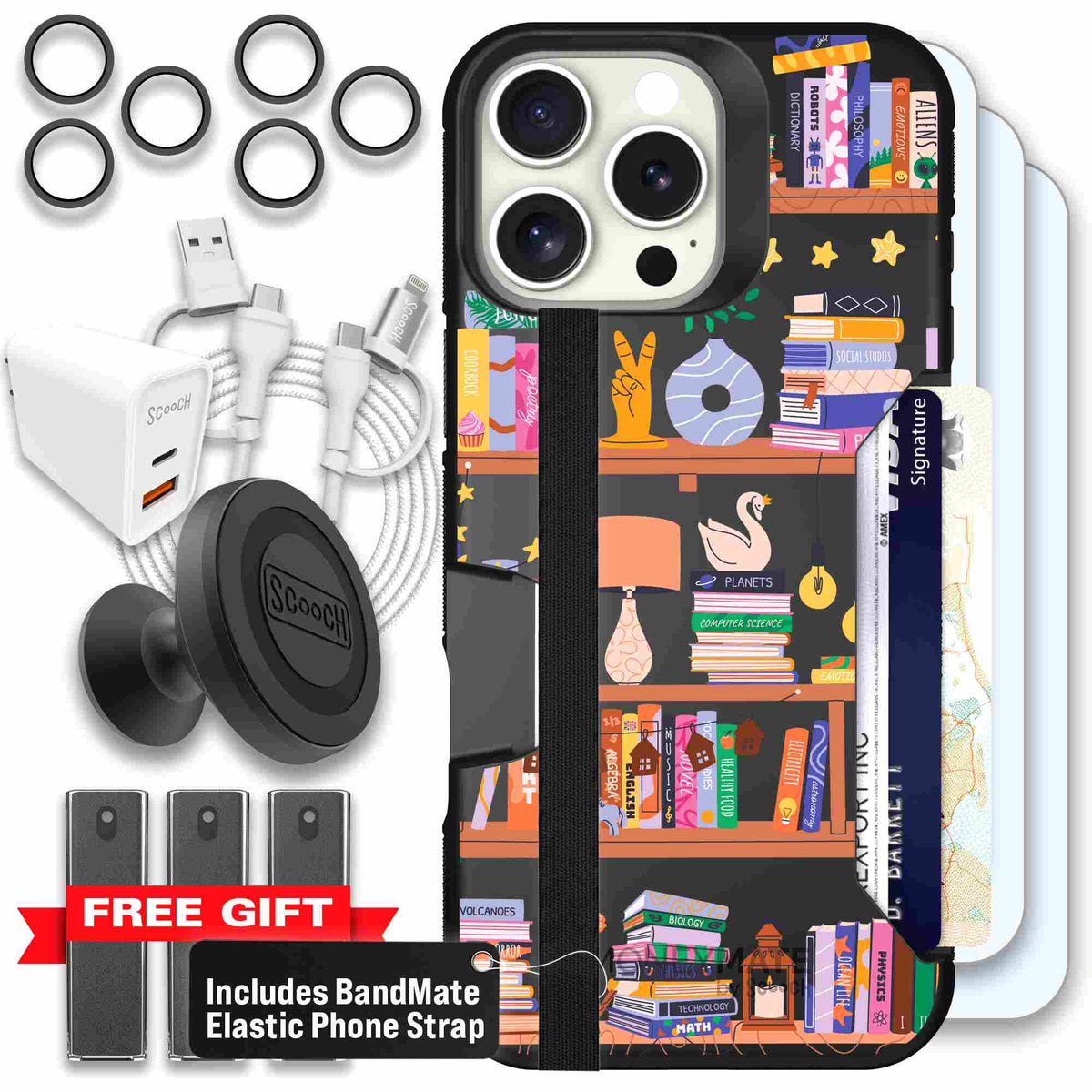 Little Library colorful book and bookshelf pattern on a scoochzza Moneymate case for iPhone 16 Pro Max - Ultimate Bundle