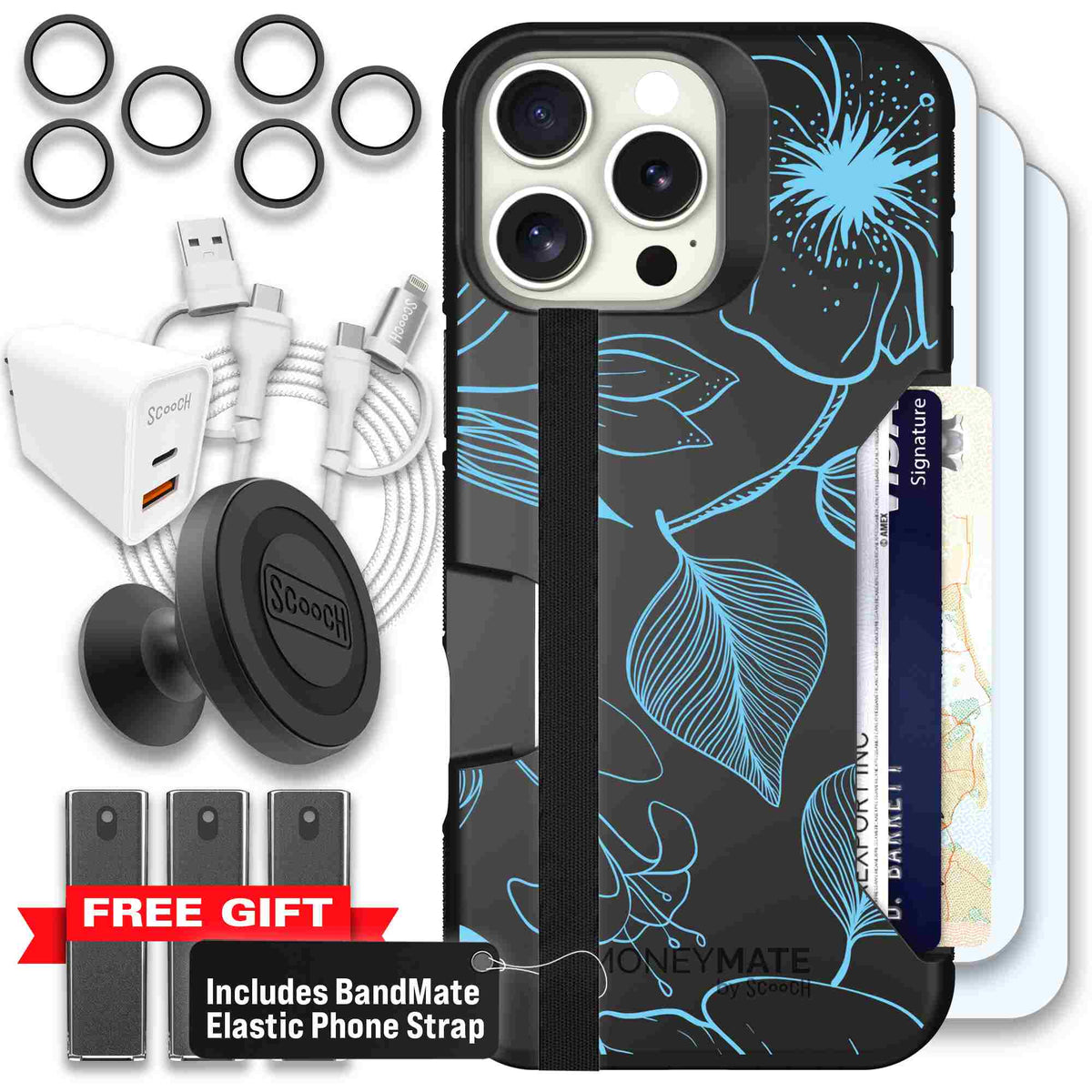 Blue Hibiscus cyan-blue tropical flower pattern on a charcoal scoochzza Moneymate case for iPhone 16 Pro Max - Ultimate Bundle