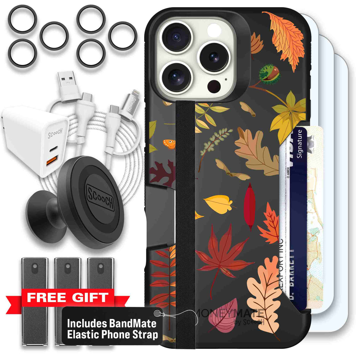 Autumn Leaves multicolored fall foliage pattern on a charcoal scoochzza Moneymate case for iPhone 16 Pro Max - Ultimate Bundle