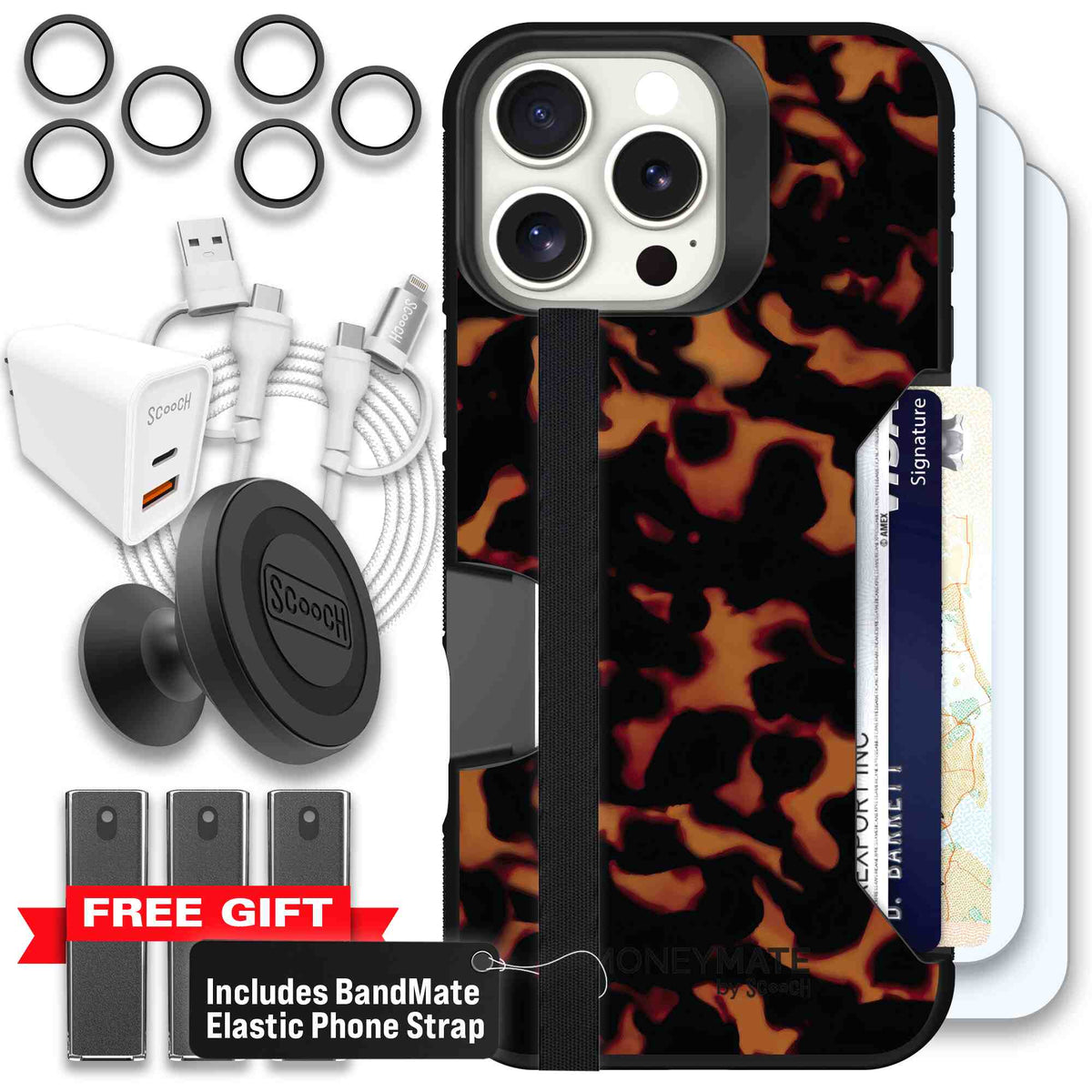 Tortoise Shell amber brown and black mottled pattern on a scoochzza Moneymate case for iPhone 16 Pro Max - Ultimate Bundle