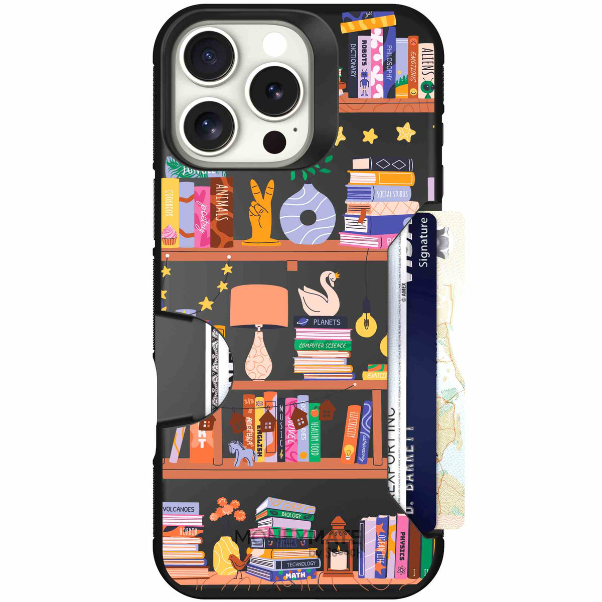 Little Library colorful book and bookshelf pattern on a scoochzza Moneymate case for iPhone 16 Pro Max
