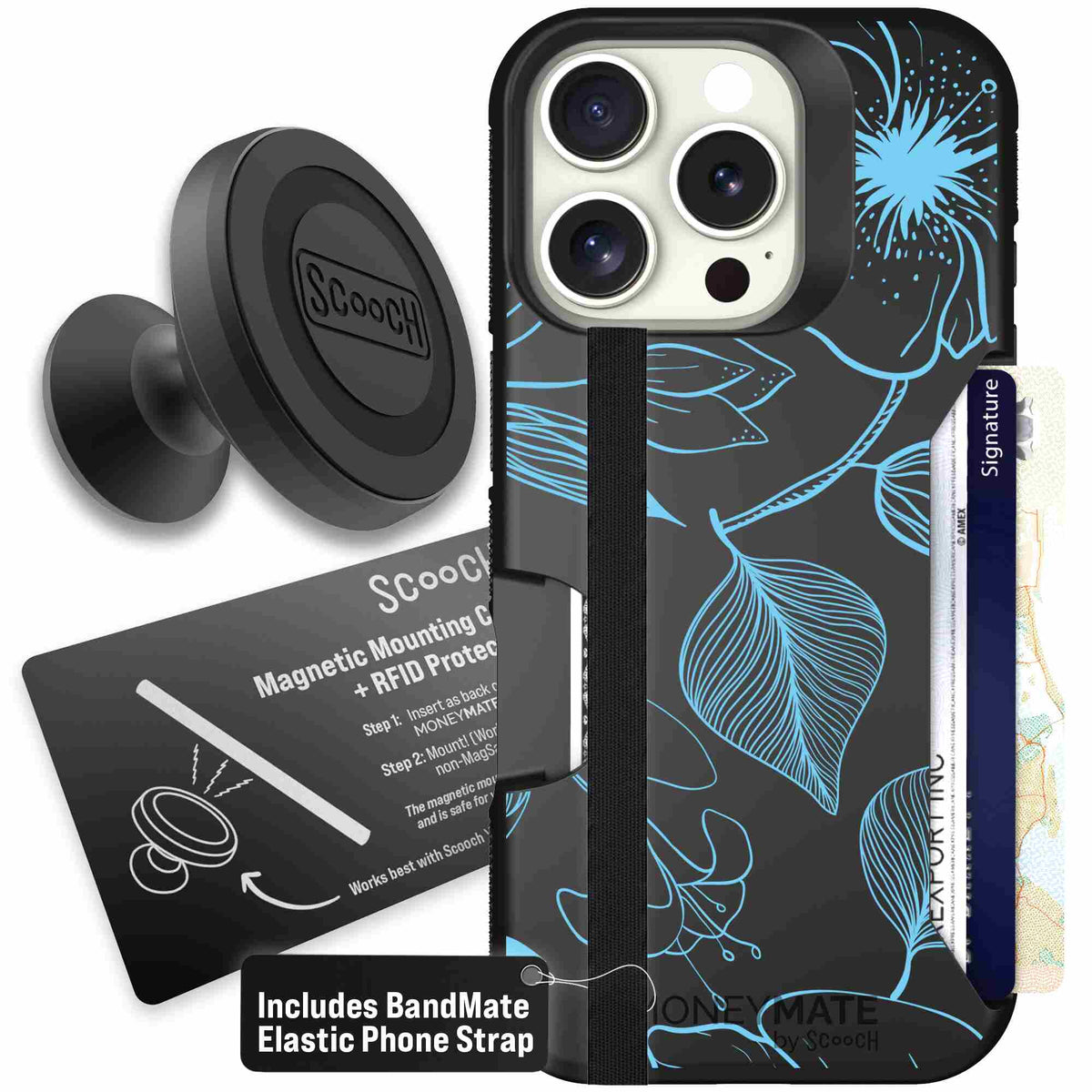Blue Hibiscus cyan-blue tropical flower pattern on a charcoal scoochzza Moneymate case for iPhone 16 Pro - Starter Bundle