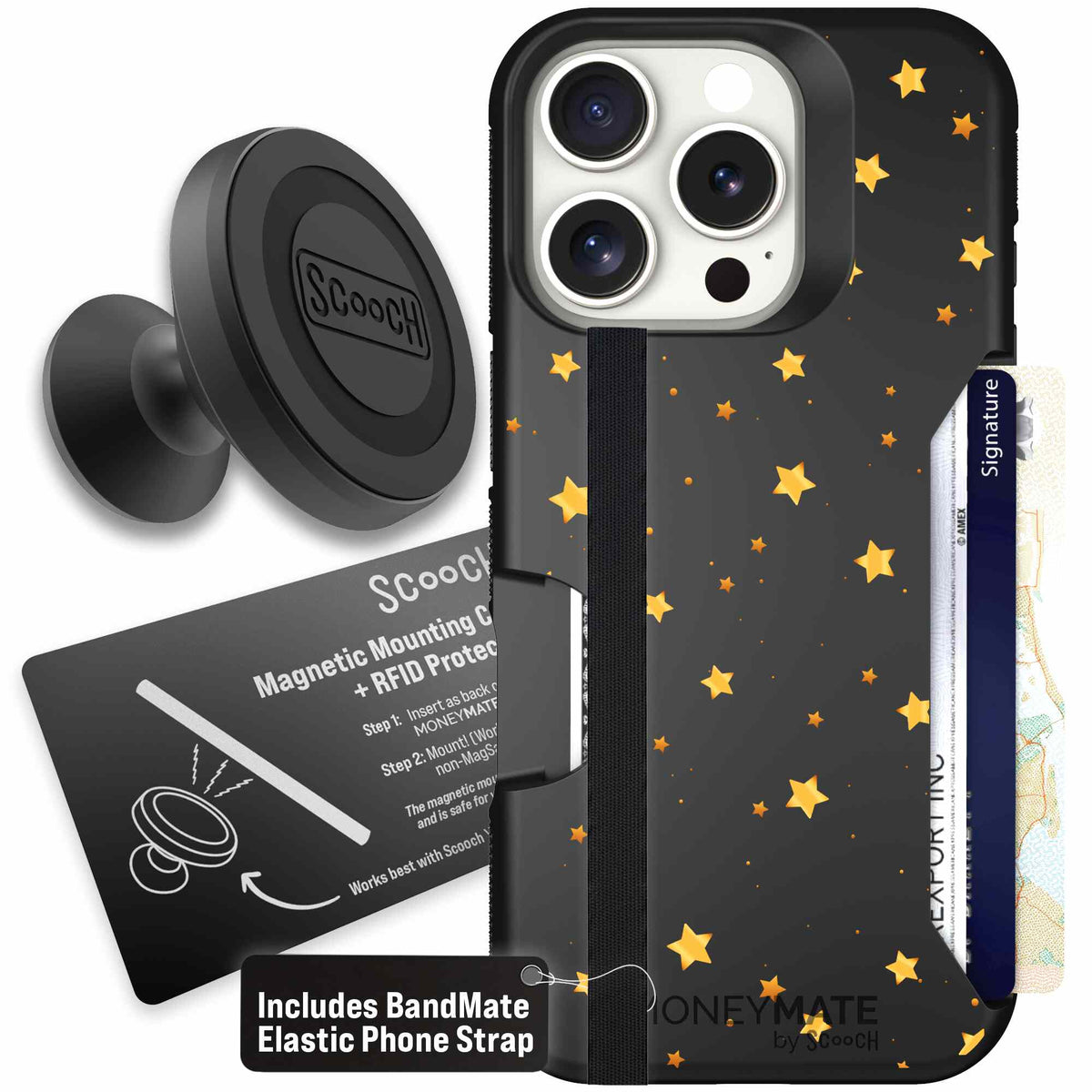 Gold Stars yellow and gold star pattern on a charcoal scoochzza Moneymate case for iPhone 16 Pro - Starter Bundle
