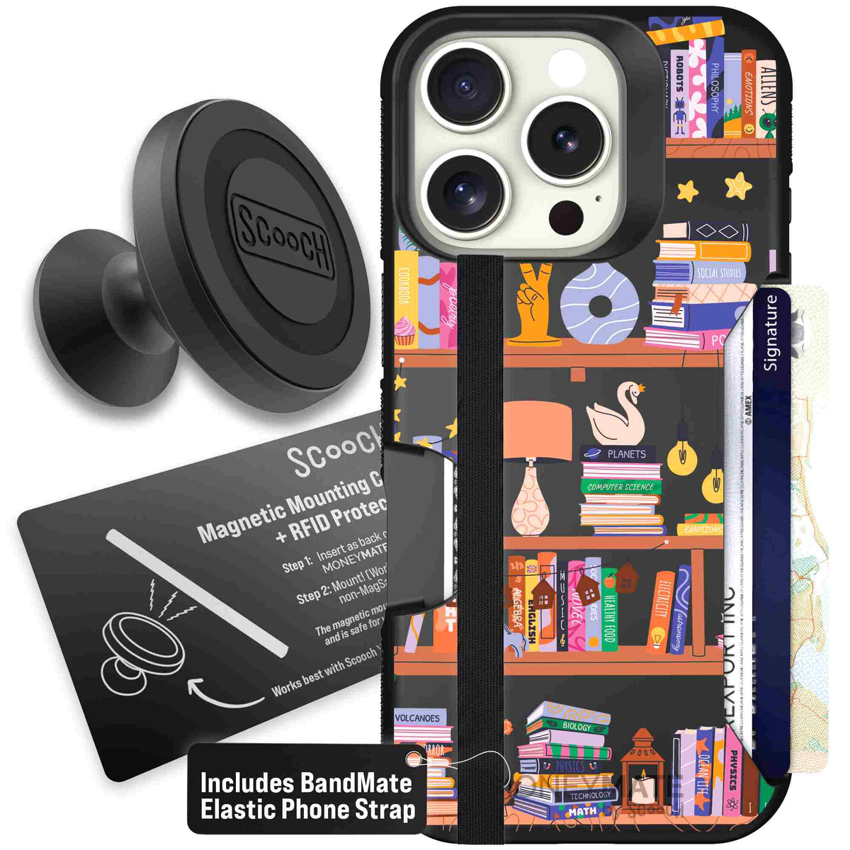 Little Library colorful book and bookshelf pattern on a scoochzza Moneymate case for iPhone 16 Pro - Starter Bundle