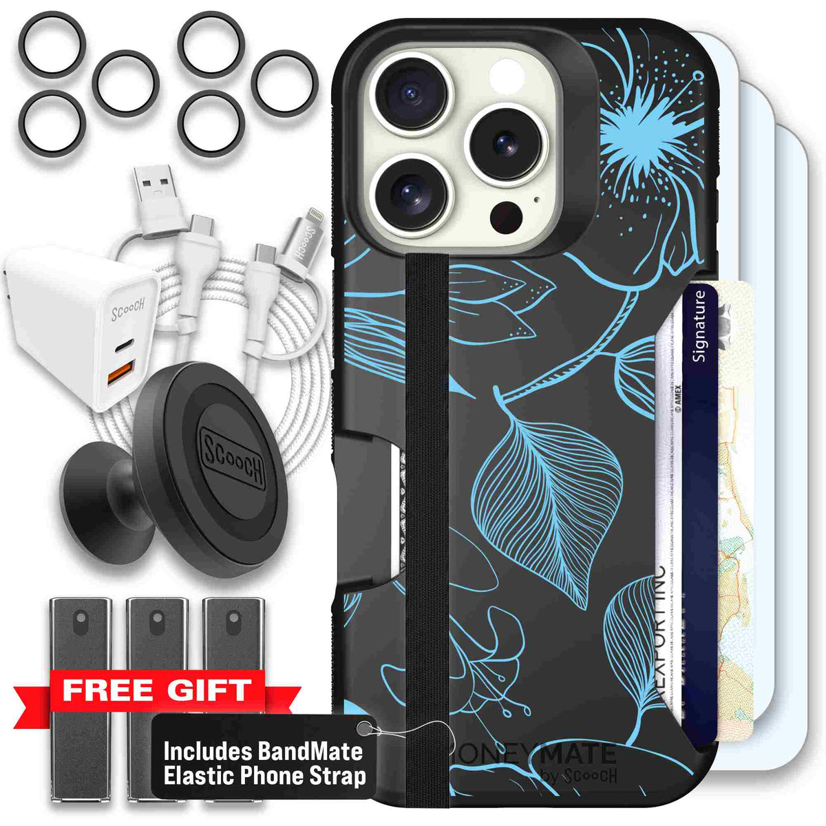 Blue Hibiscus cyan-blue tropical flower pattern on a charcoal scoochzza Moneymate case for iPhone 16 Pro - Ultimate Bundle