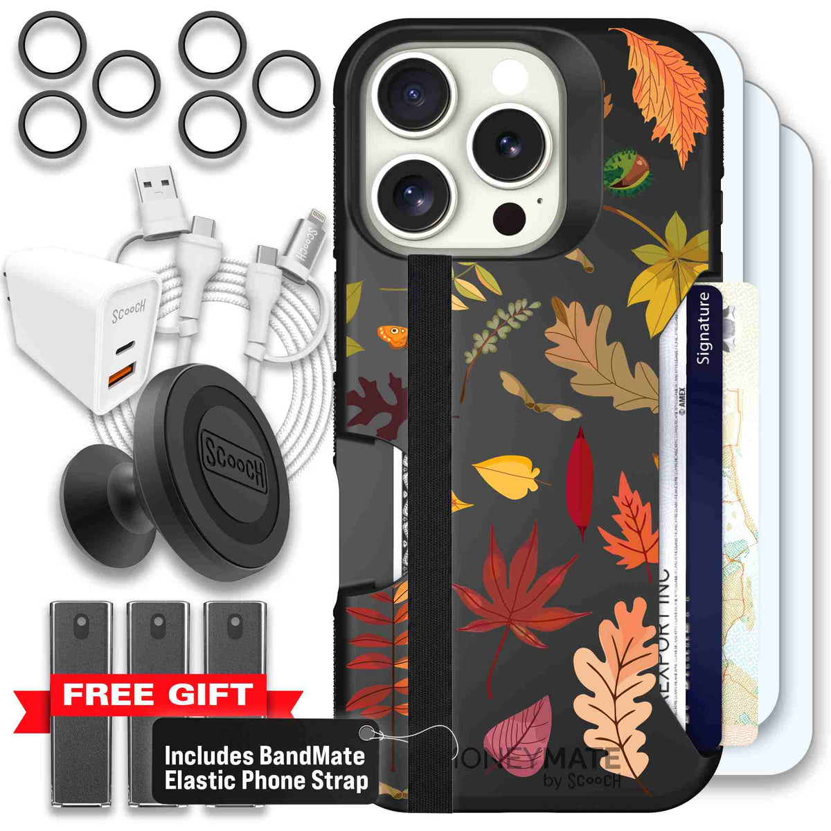 Autumn Leaves multicolored fall foliage pattern on a charcoal scoochzza Moneymate case for iPhone 16 Pro - Ultimate Bundle