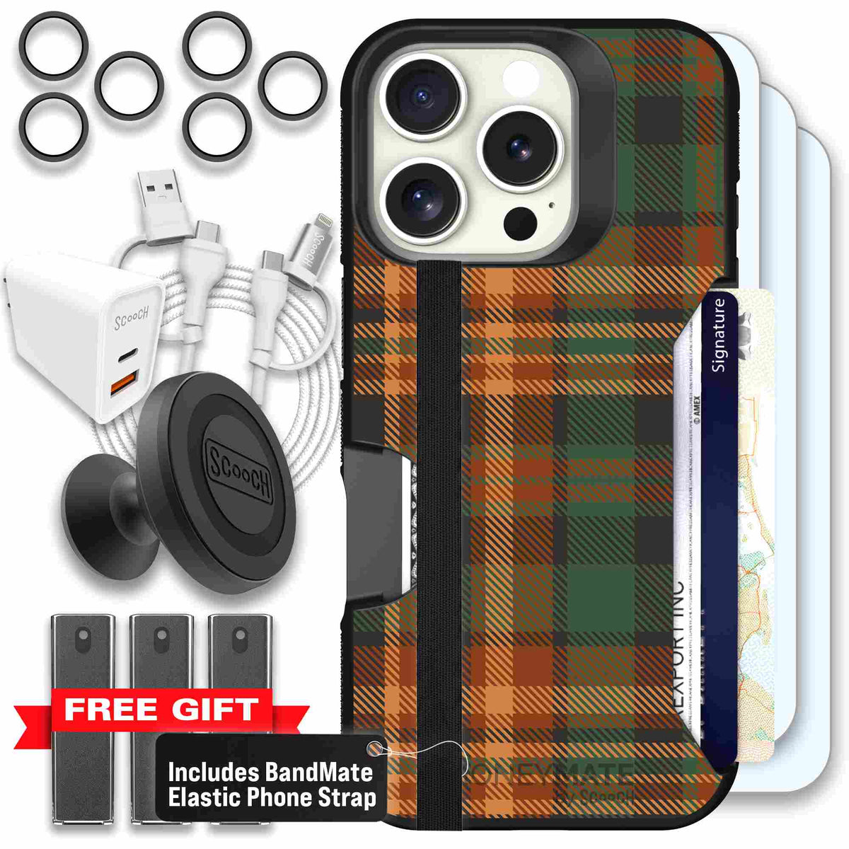 Fall Flannel orange and brown plaid pattern on a scoochzza Moneymate case for iPhone 16 Pro - Ultimate Bundle