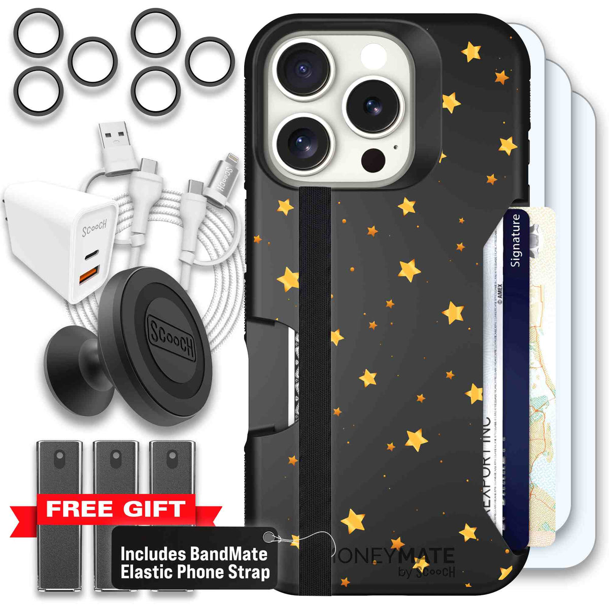 Gold Stars yellow and gold star pattern on a charcoal scoochzza Moneymate case for iPhone 16 Pro - Ultimate Bundle