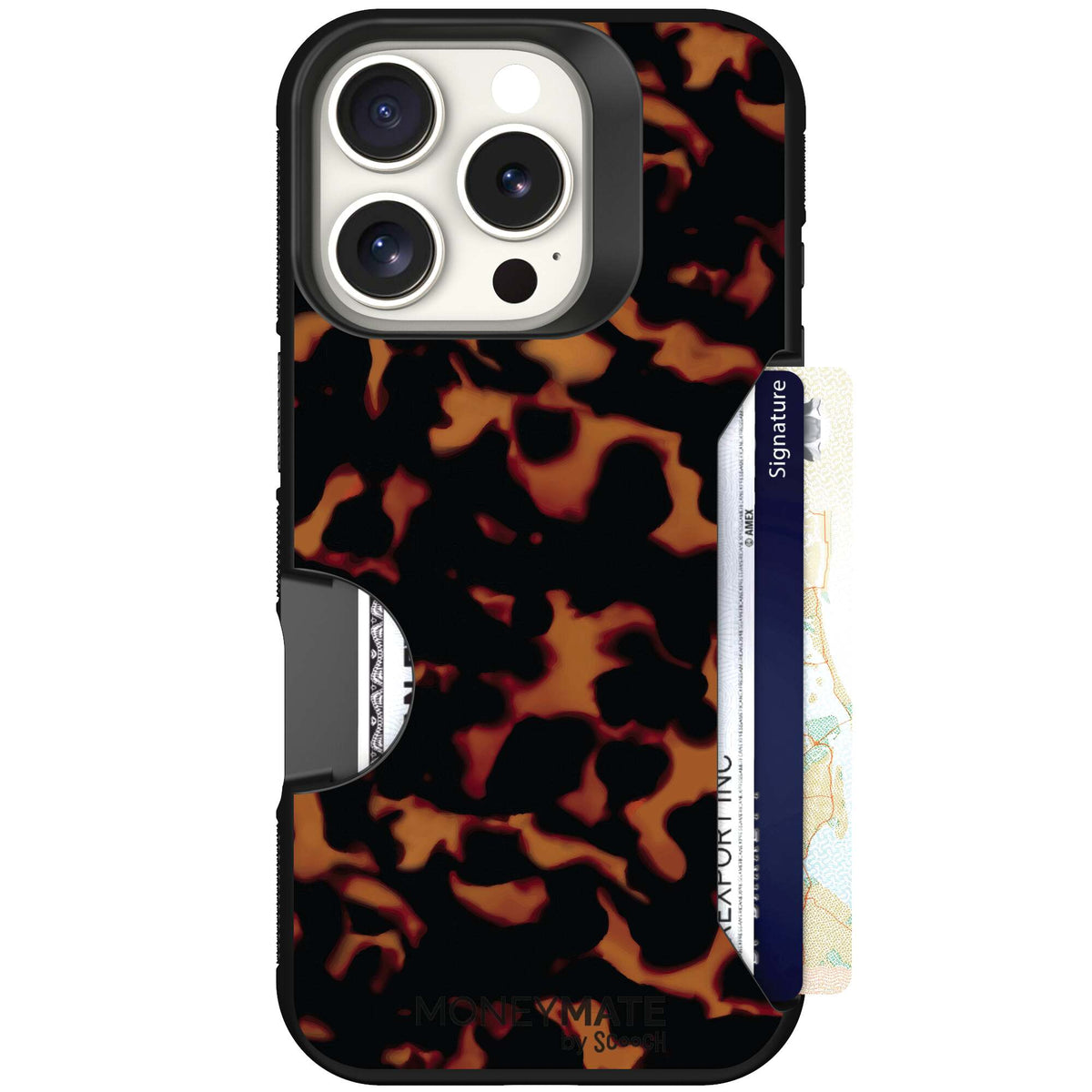 Tortoise Shell amber brown and black mottled pattern on a scoochzza Moneymate case for iPhone 16 Pro