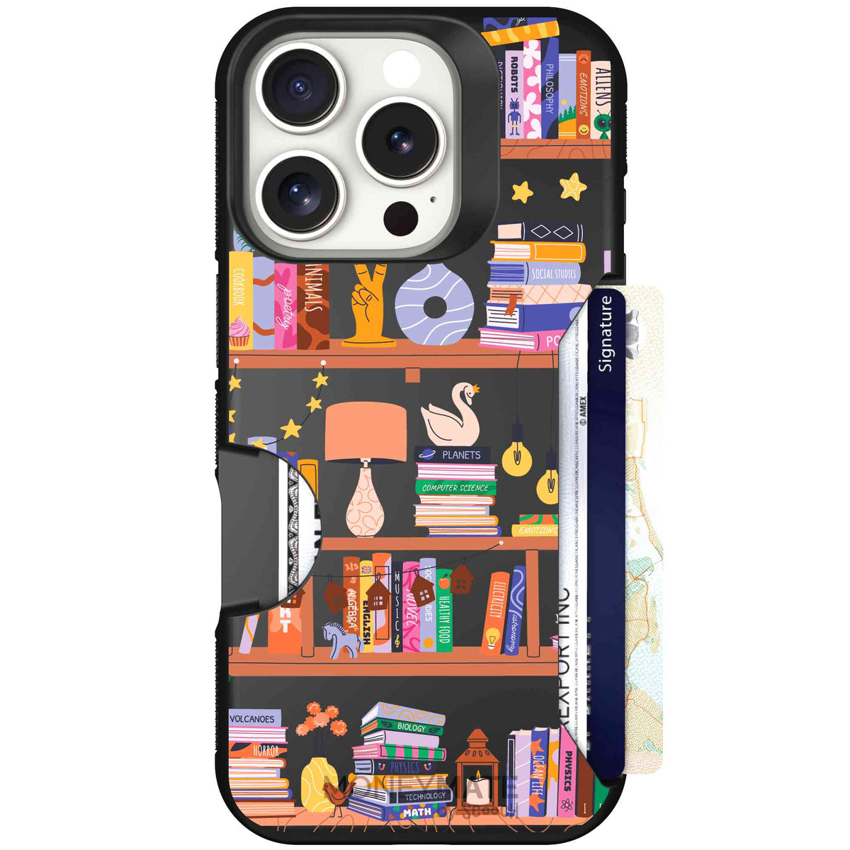 Little Library colorful book and bookshelf pattern on a scoochzza Moneymate case for iPhone 16 Pro