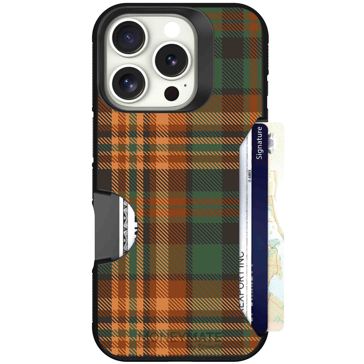 Fall Flannel orange and brown plaid pattern on a scoochzza Moneymate case for iPhone 16 Pro