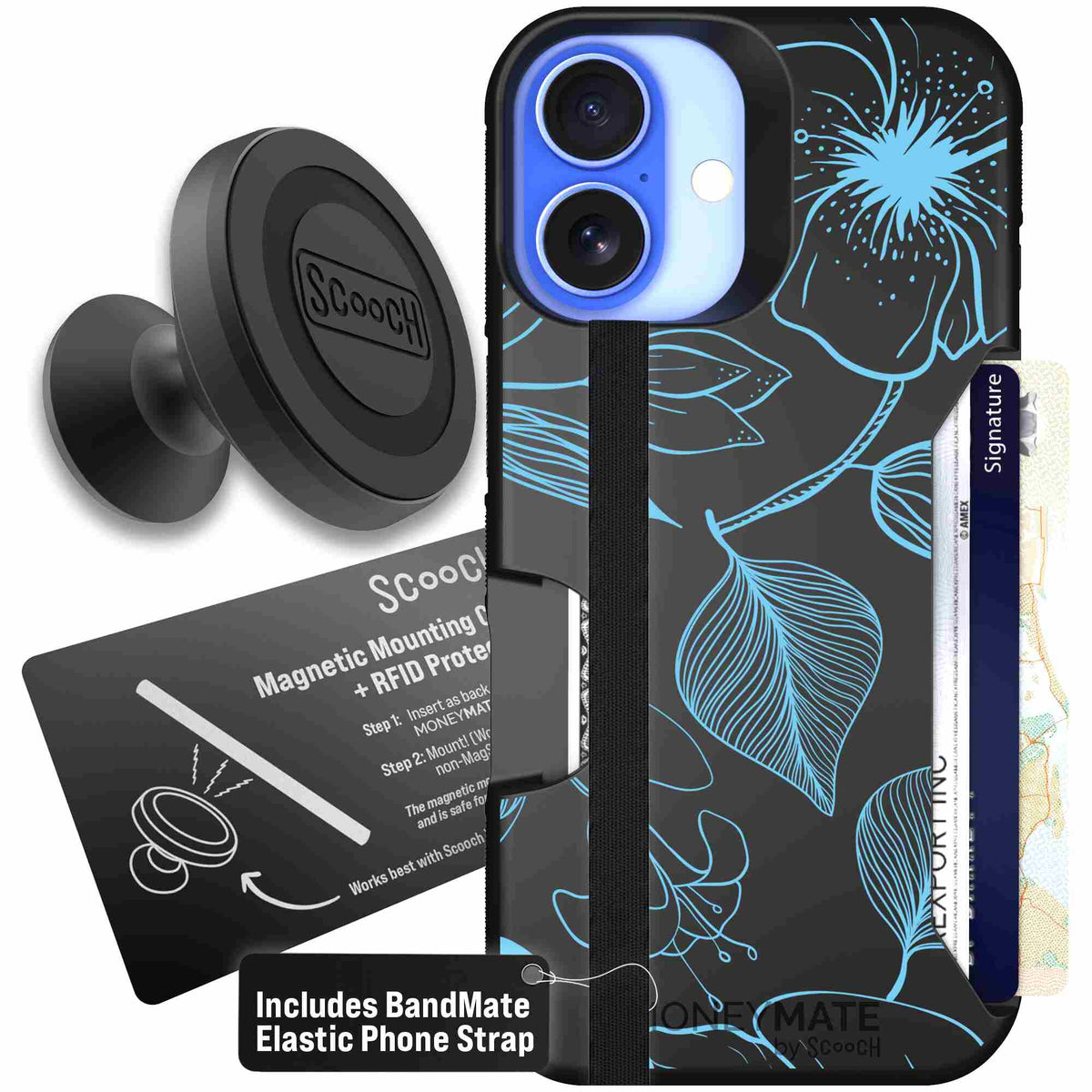 Blue Hibiscus cyan-blue tropical flower pattern on a charcoal scoochzza Moneymate case for iPhone 16 - Starter Bundle