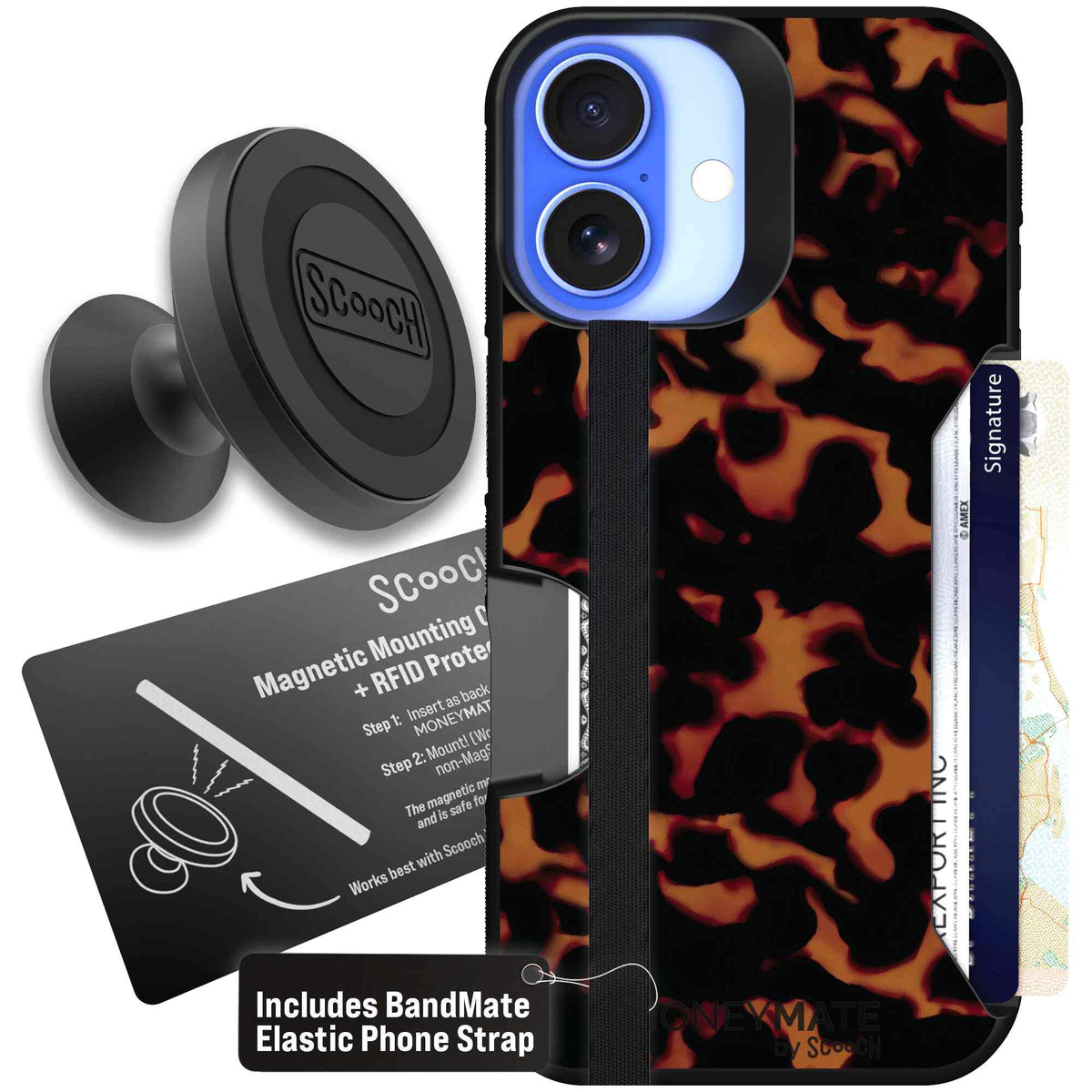 Tortoise Shell amber brown and black mottled pattern on a scoochzza Moneymate case for iPhone 16 - Starter Bundle