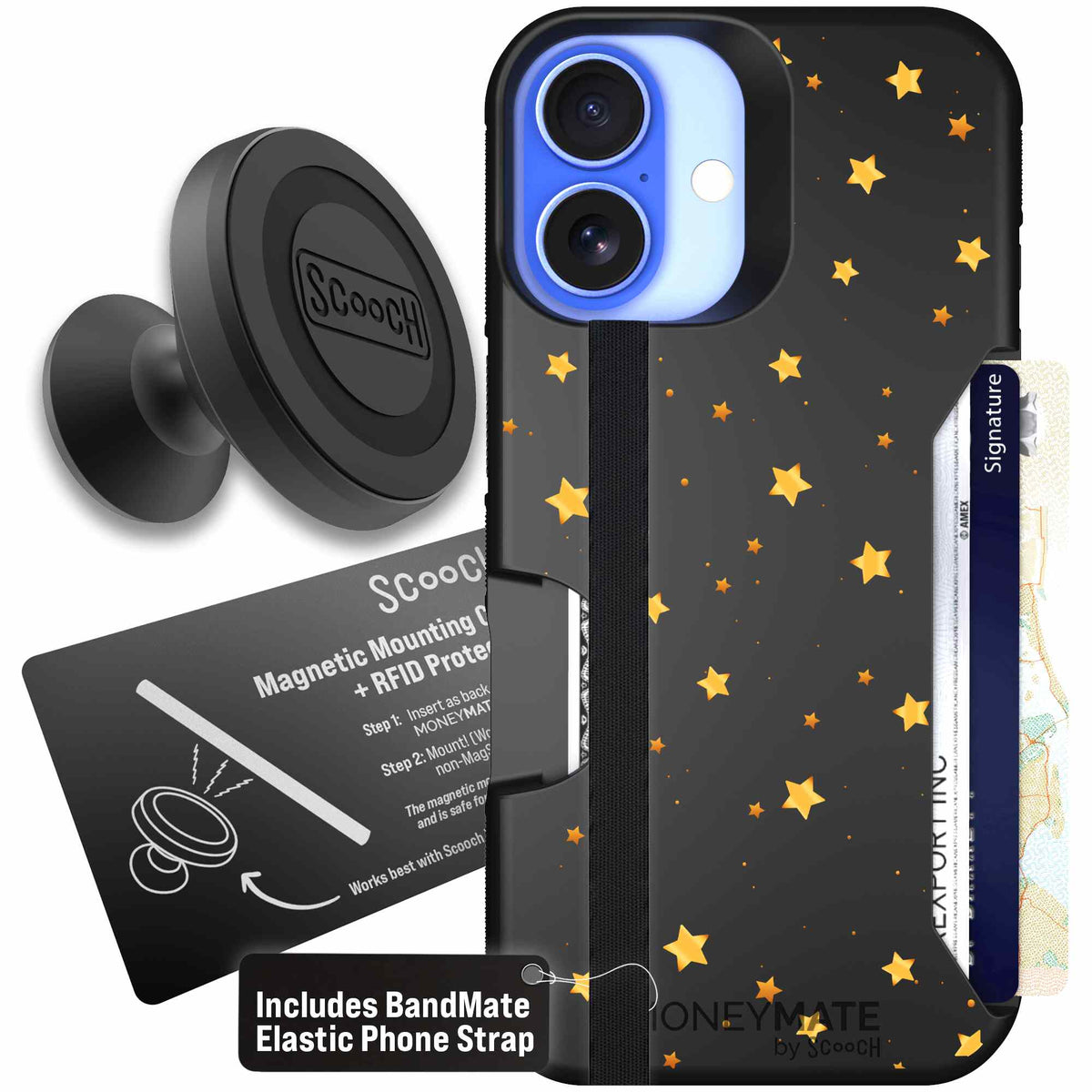 Gold Stars yellow and gold star pattern on a charcoal scoochzza Moneymate case for iPhone 16 - Starter Bundle