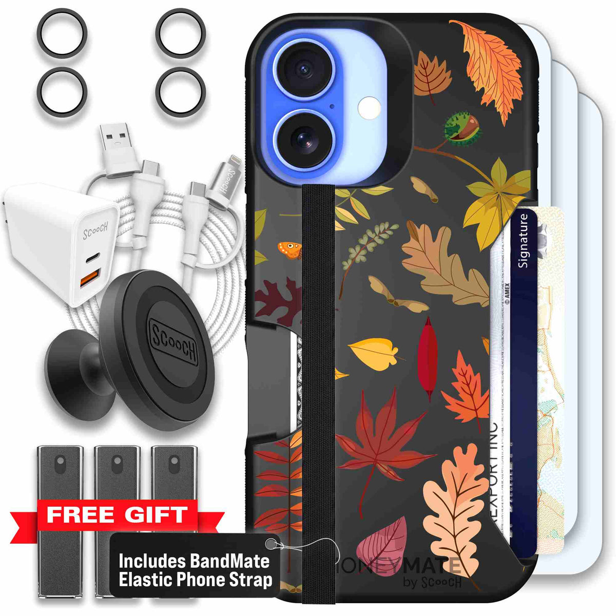 Autumn Leaves multicolored fall foliage pattern on a charcoal scoochzza Moneymate case for iPhone 16 - Ultimate Bundle