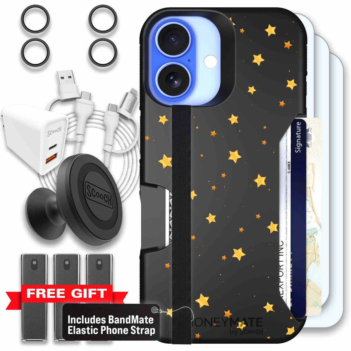 Gold Stars yellow and gold star pattern on a charcoal scoochzza Moneymate case for iPhone 16 - Ultimate Bundle