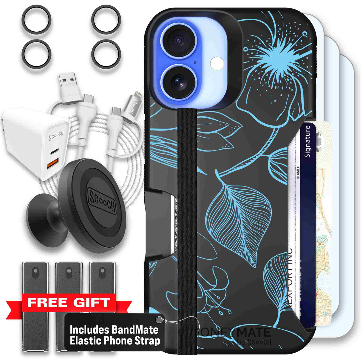 Blue Hibiscus cyan-blue tropical flower pattern on a charcoal scoochzza Moneymate case for iPhone 16 - Ultimate Bundle