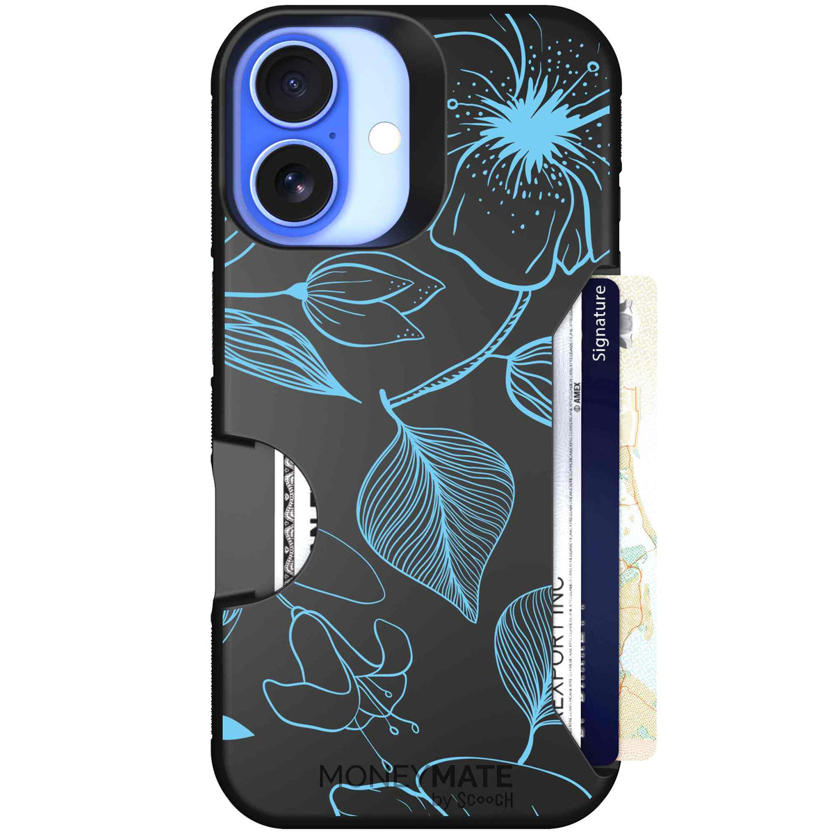 Blue Hibiscus cyan-blue tropical flower pattern on a charcoal scoochzza Moneymate case for iPhone 16