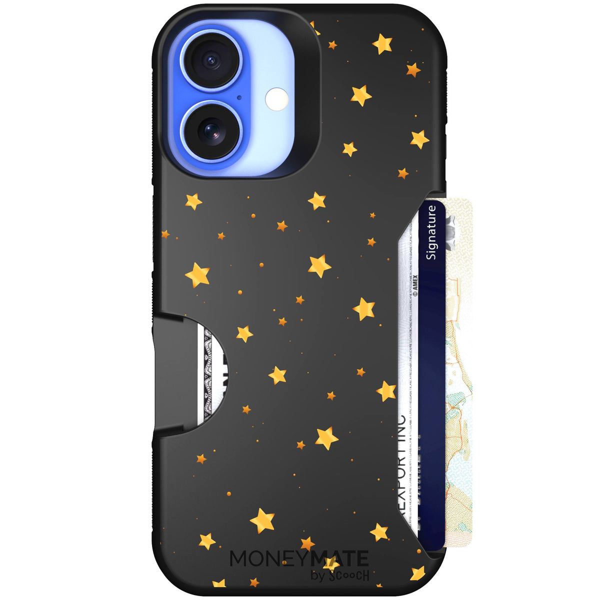 Gold Stars yellow and gold star pattern on a charcoal scoochzza Moneymate case for iPhone 16