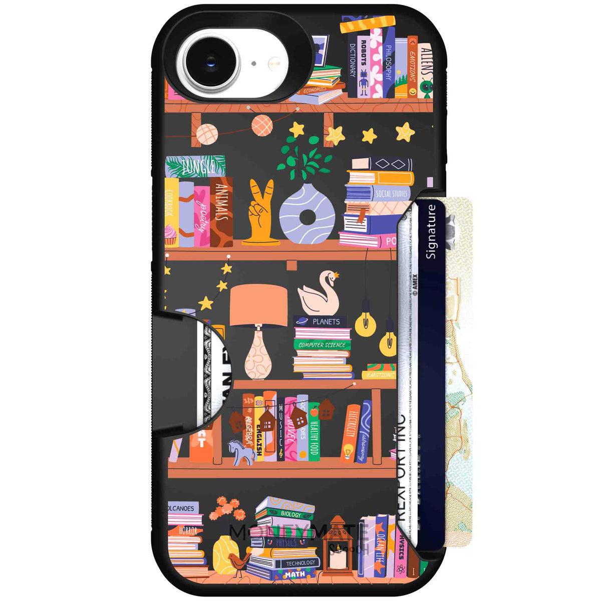 Little Library colorful book and bookshelf pattern on a scoochzza Moneymate case for iPhone 17e