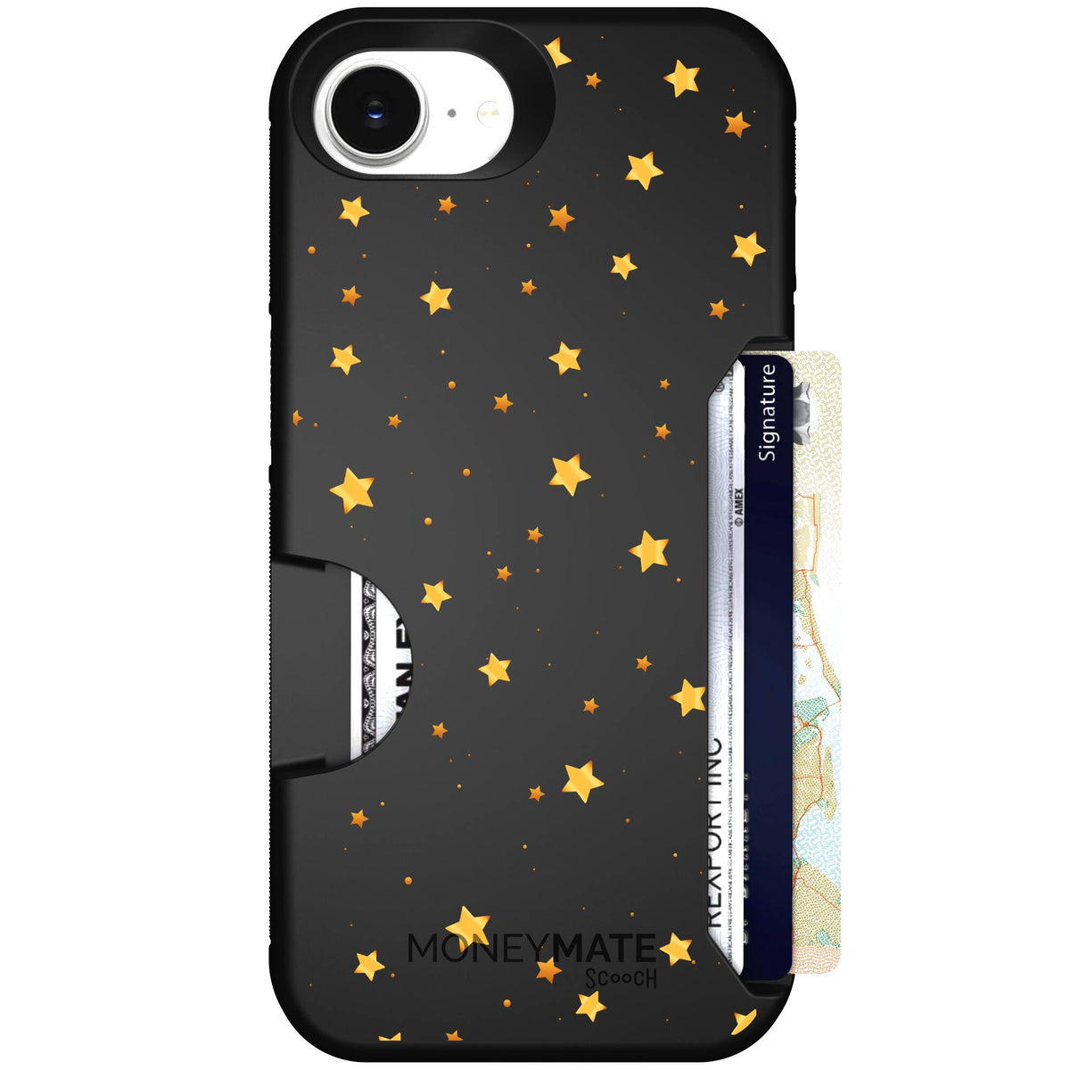 Gold Stars yellow and gold star pattern on a charcoal scoochzza Moneymate case for iPhone 17e