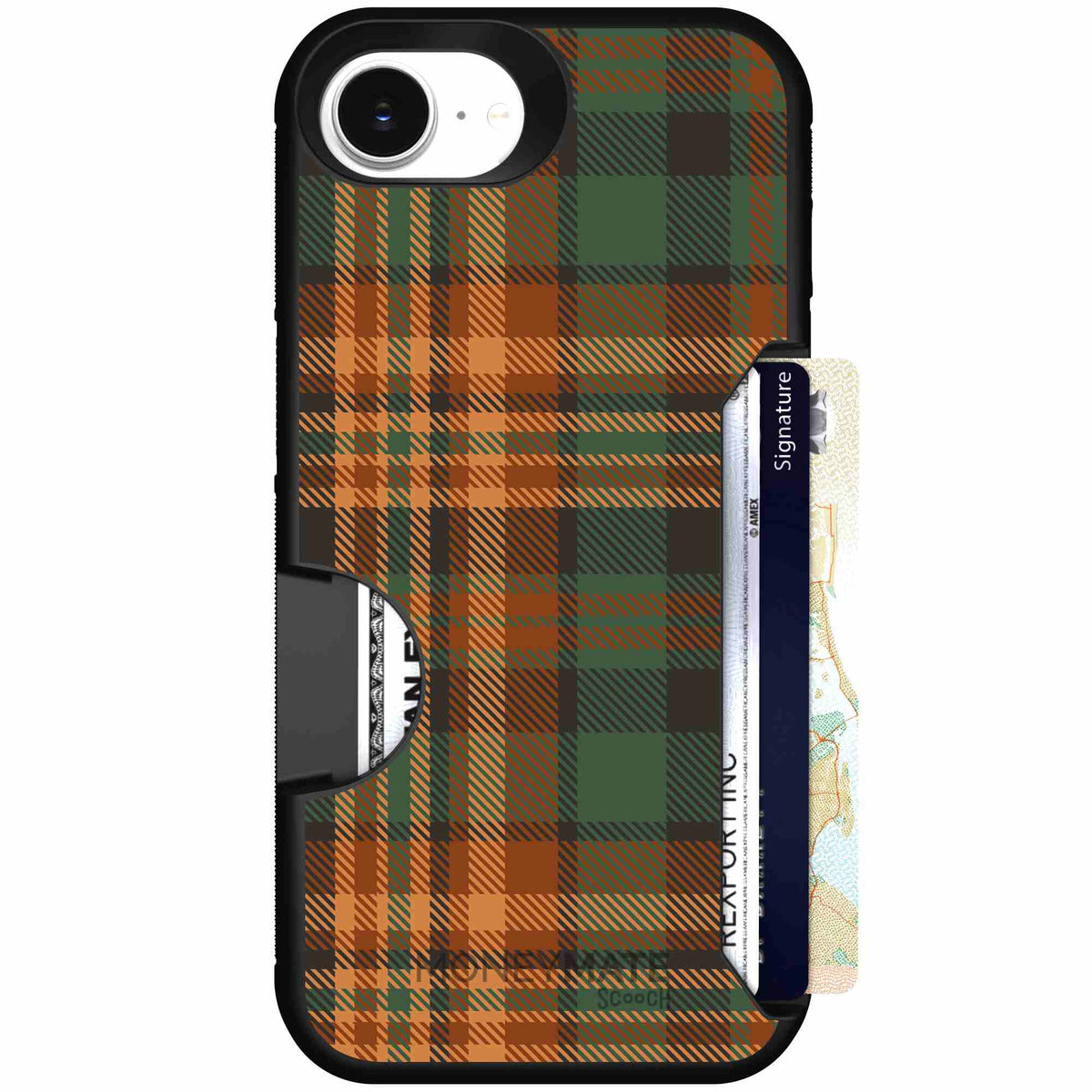 Fall Flannel orange and brown plaid pattern on a scoochzza Moneymate case for iPhone 17e